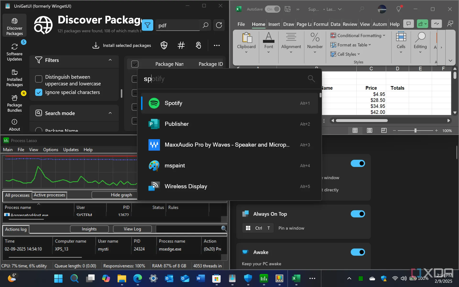 Màn hình Windows 11 hiển thị nhiều ứng dụng đang chạy cùng lúc như UniGetUI, Excel, Project Lasso và PowerToys, minh họa khả năng đa nhiệm