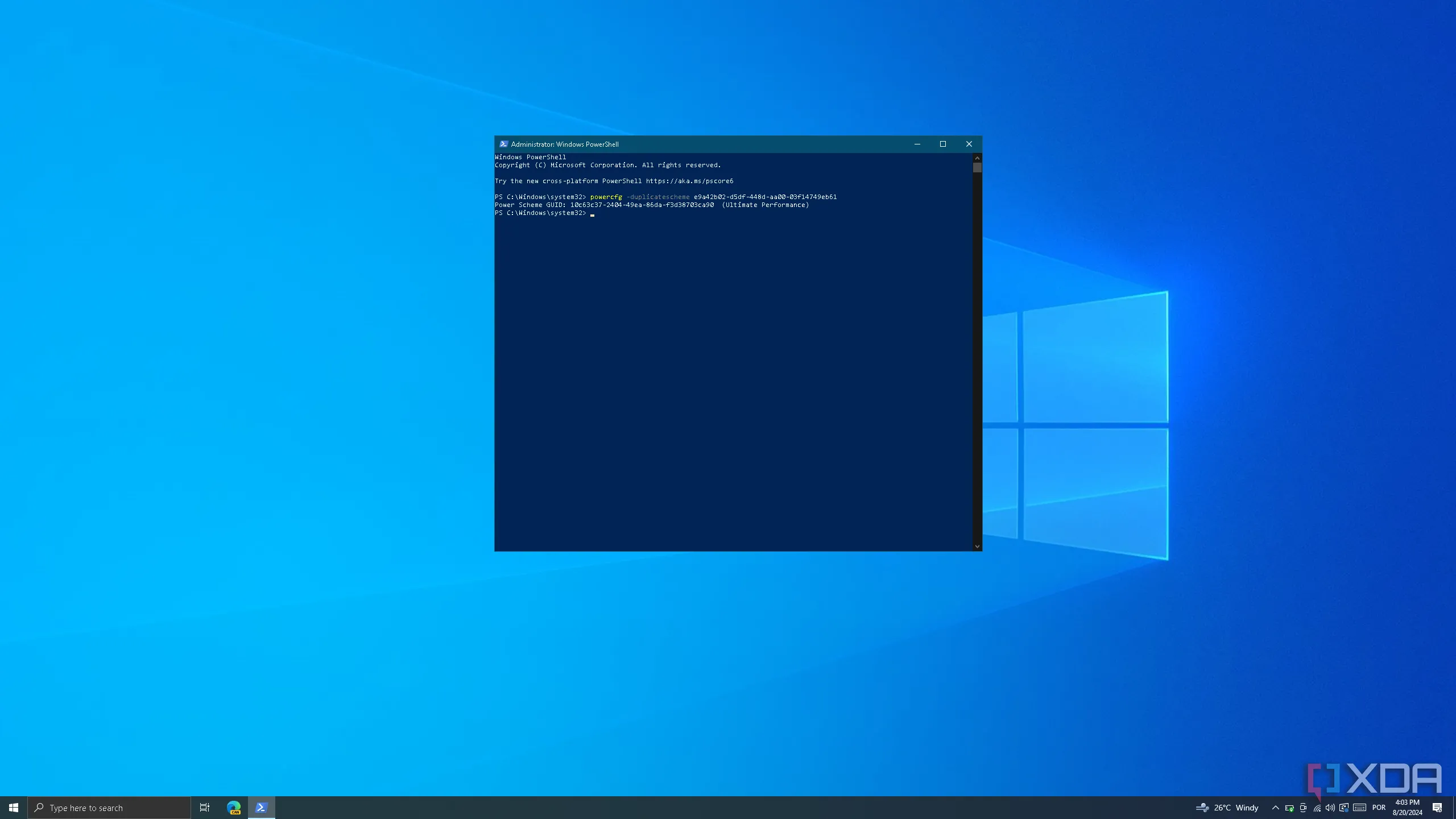Màn hình Windows PowerShell trong Windows 10 thực hiện lệnh kích hoạt chế độ hiệu suất cao Ultimate Performance.