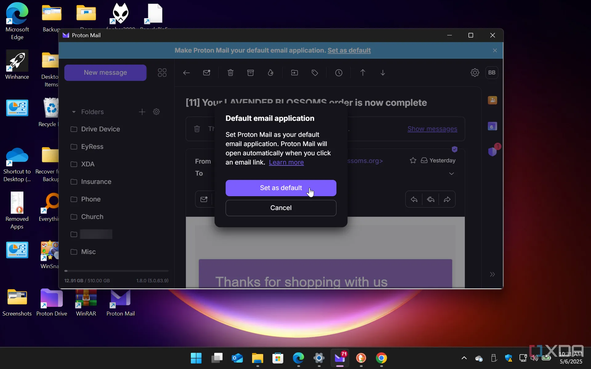 Màn hình xác minh để đặt Proton Mail làm ứng dụng email mặc định trên Windows