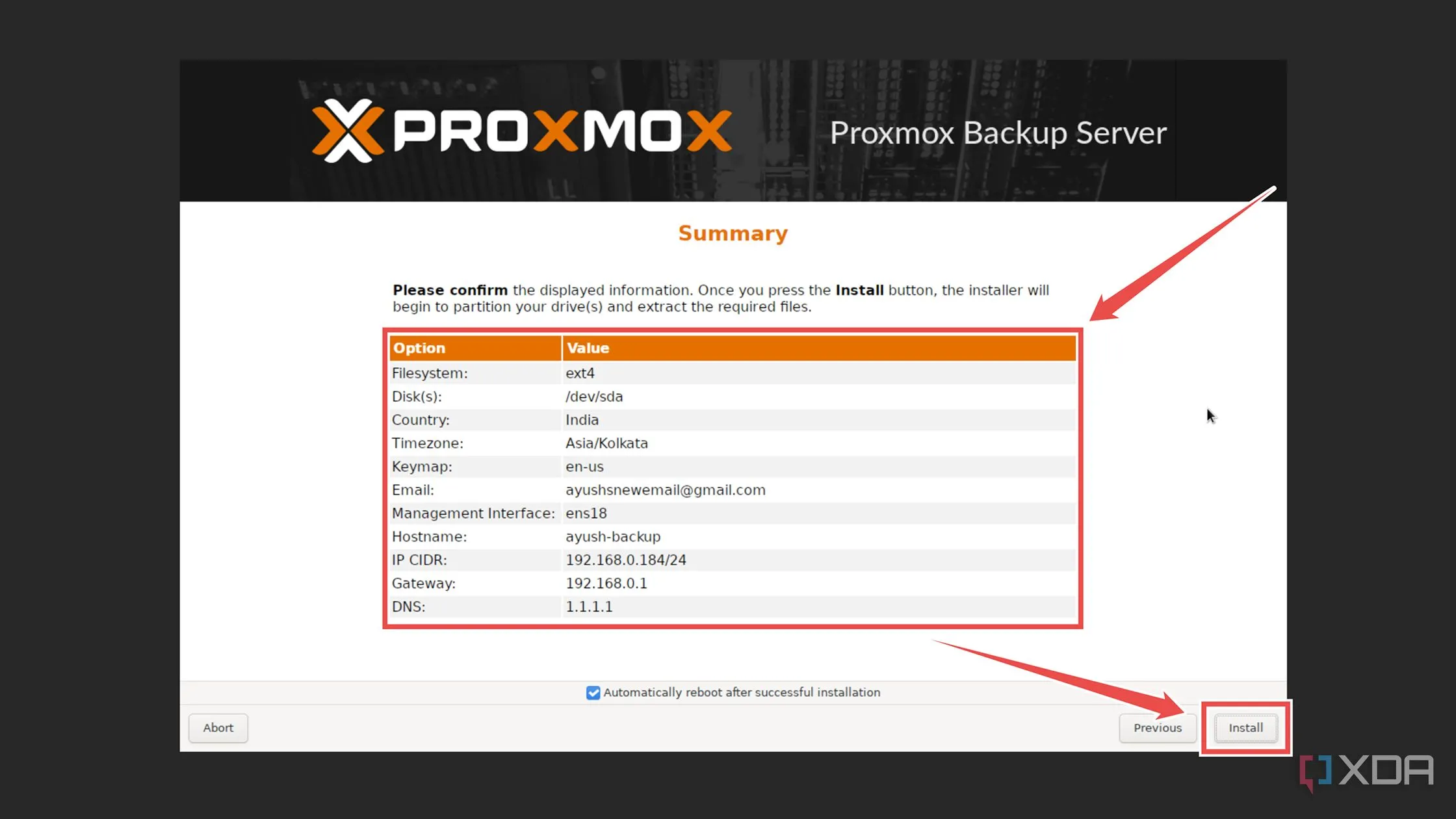 Màn hình xác nhận và bắt đầu quá trình cài đặt Proxmox Backup Server trên máy tính.