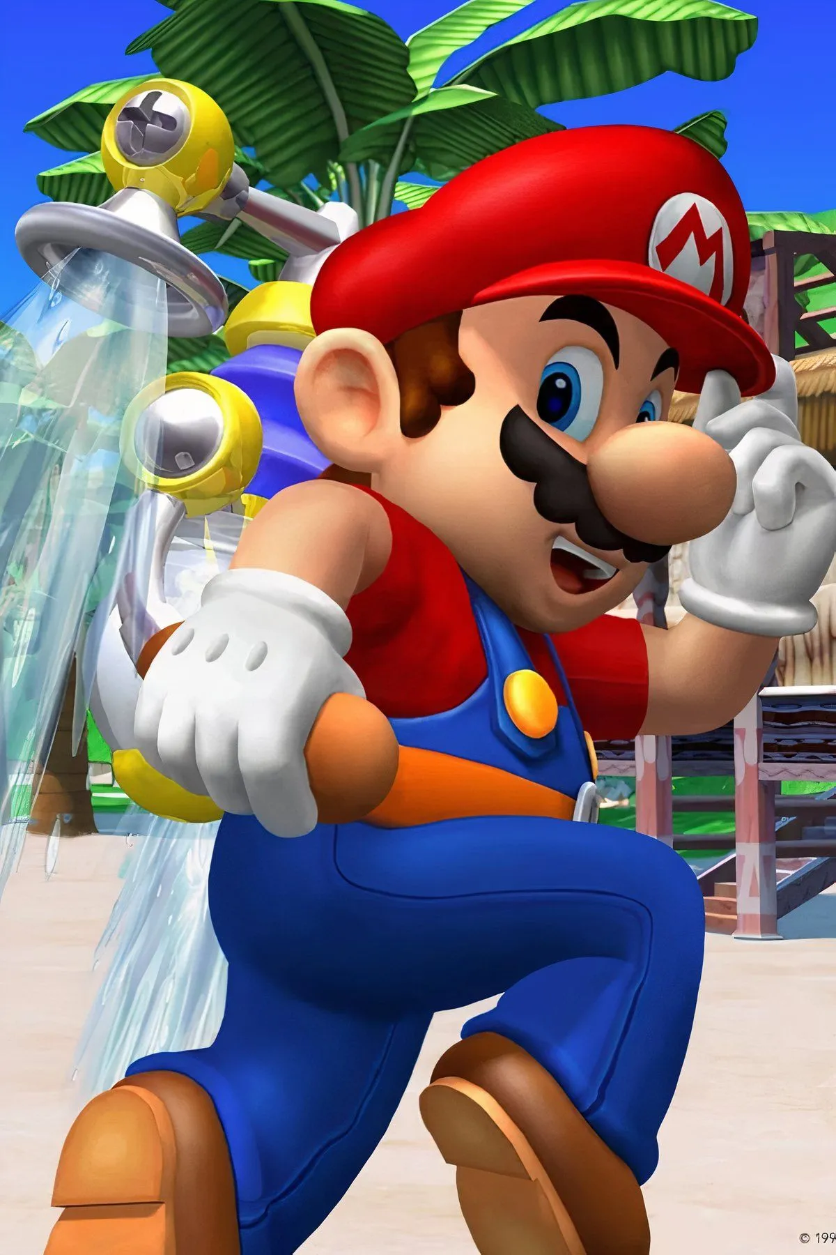 Mario bay trên không với thiết bị FLUDD trên lưng tại hòn đảo nhiệt đới Isle Delfino trong Super Mario Sunshine