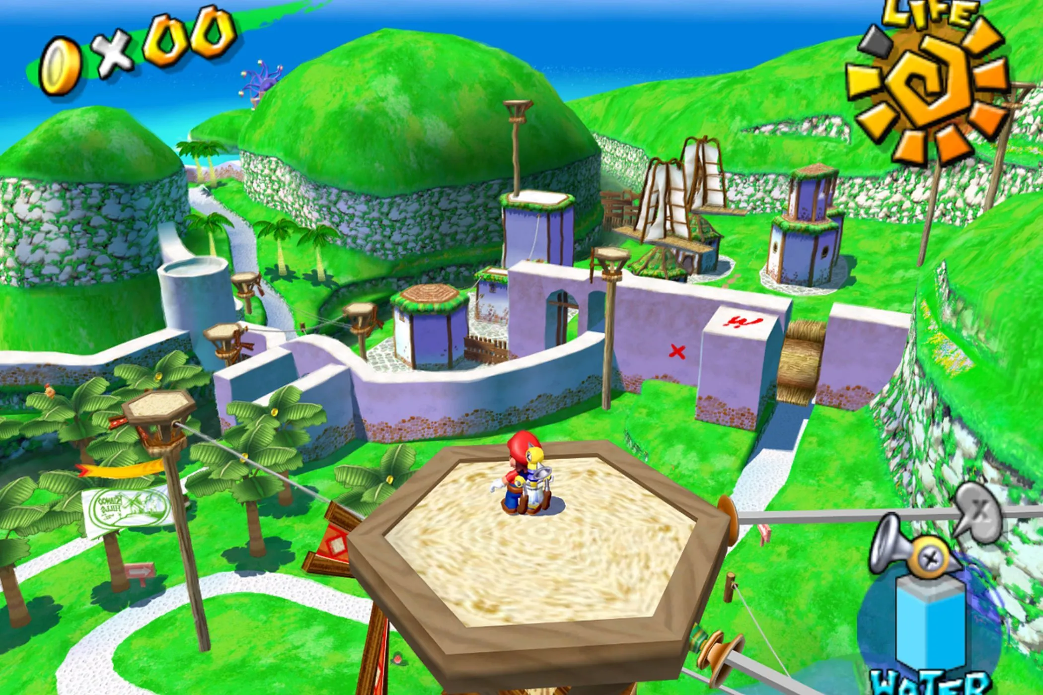 Mario cùng thiết bị Fludd dọn dẹp hòn đảo Delfino trong Super Mario Sunshine trên GameCube