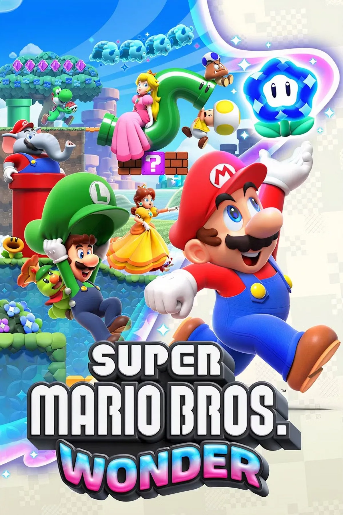 Mario, Luigi, Peach và các nhân vật khác trong thế giới đầy màu sắc của Super Mario Bros. Wonder, minh họa game platformer co-op vui nhộn