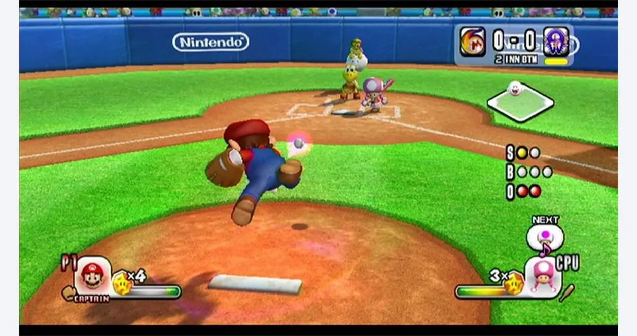 Mario ném bóng trong game Mario Super Sluggers, gợi nhớ sự trở lại của Mario Baseball trên Switch 2.