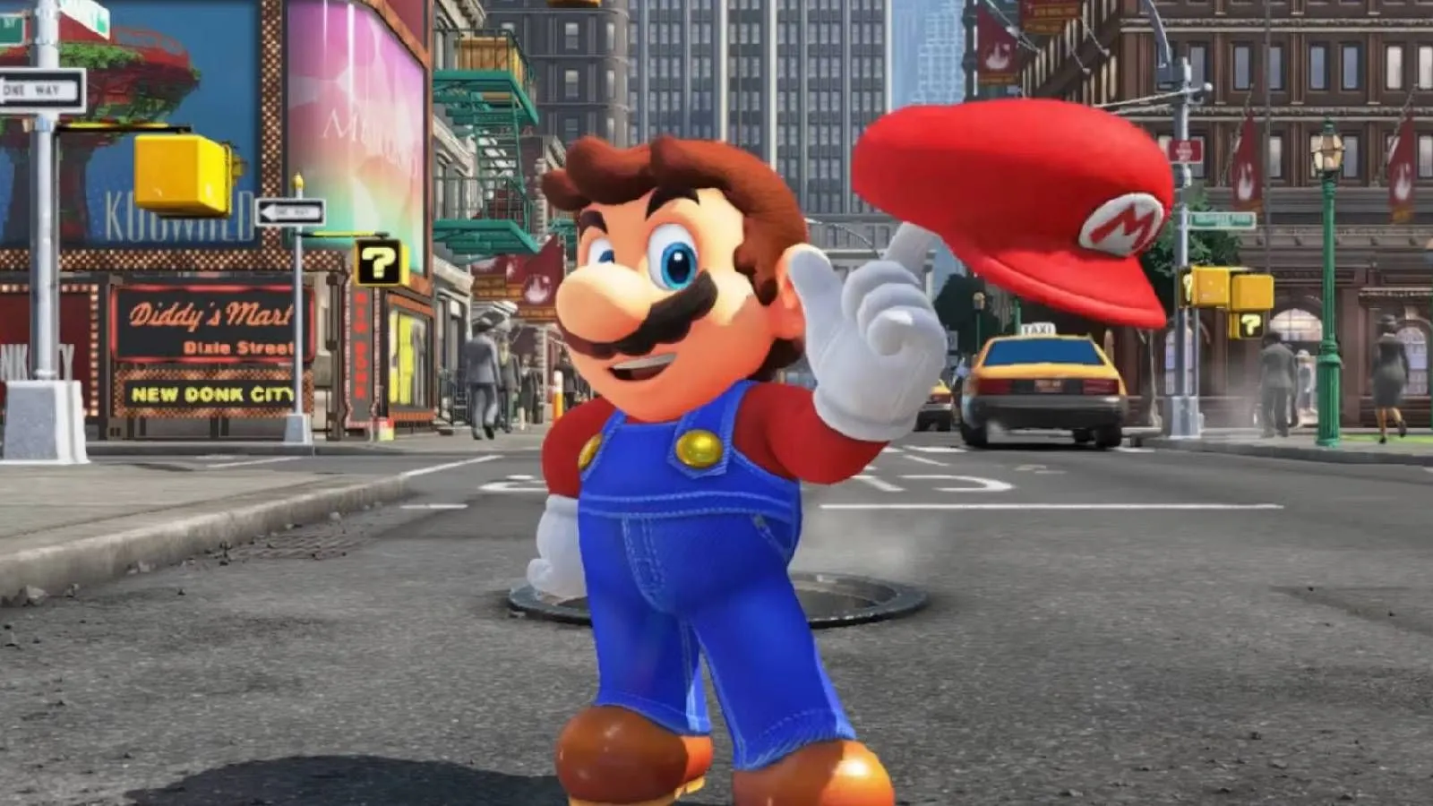 Mario và chiếc mũ Cappy khám phá thành phố New Donk trong Super Mario Odyssey, biểu tượng game Nintendo