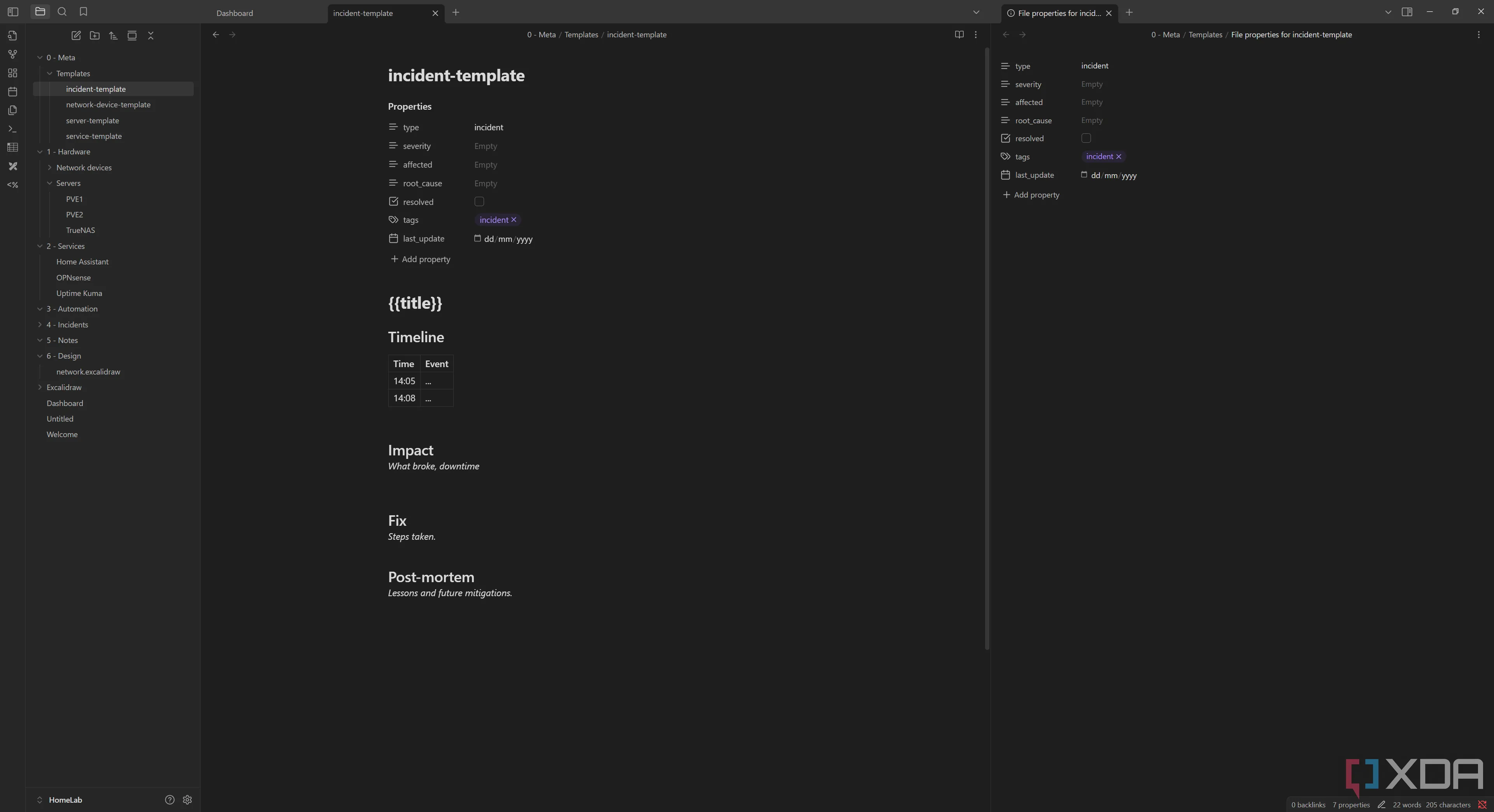 Mẫu ghi chú sự cố (incident template) trong Obsidian để tài liệu hóa vấn đề Home Lab