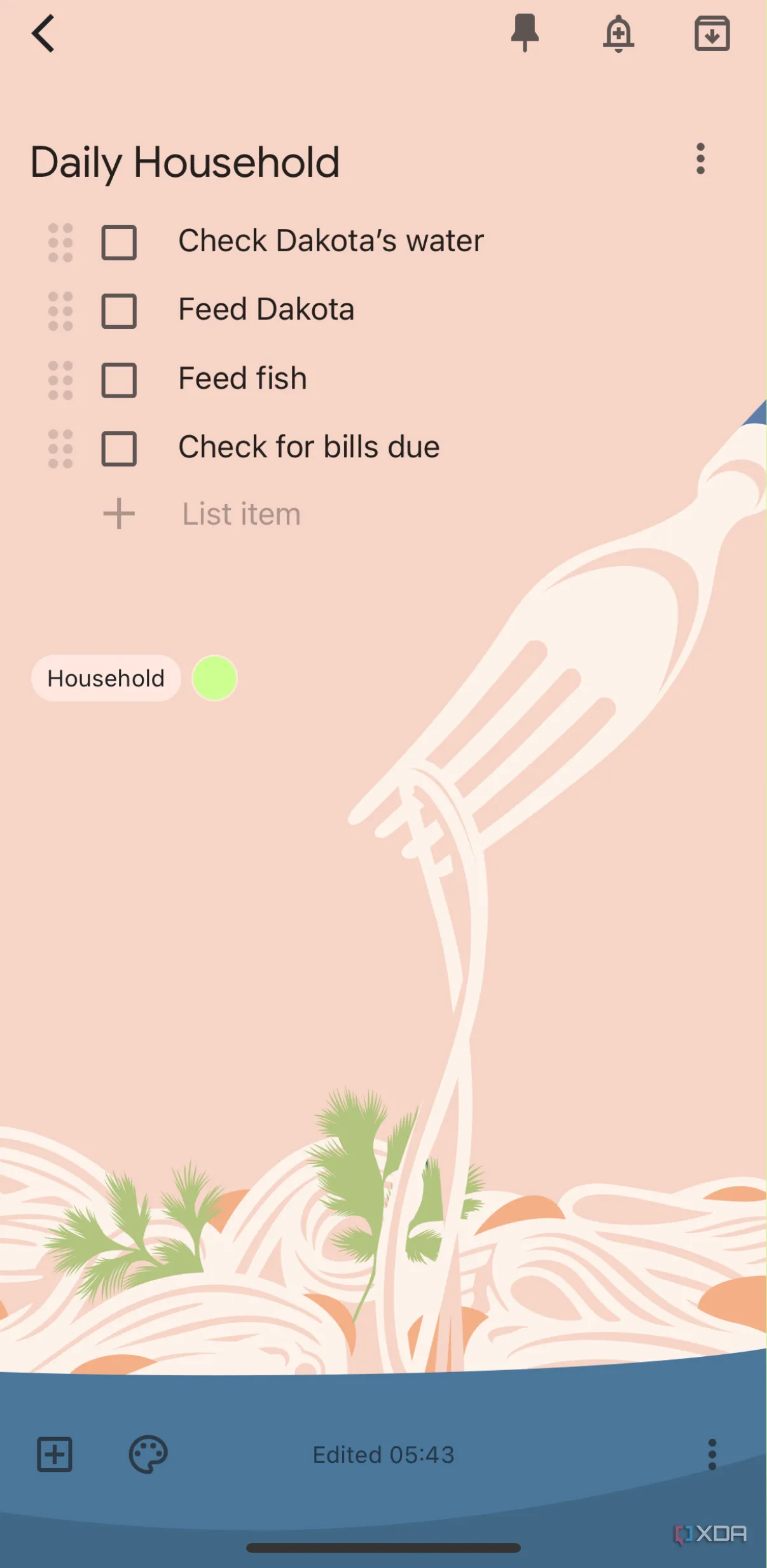 Mẫu ghi chú trong Google Keep hiển thị danh sách các nhiệm vụ cần làm trong ngày