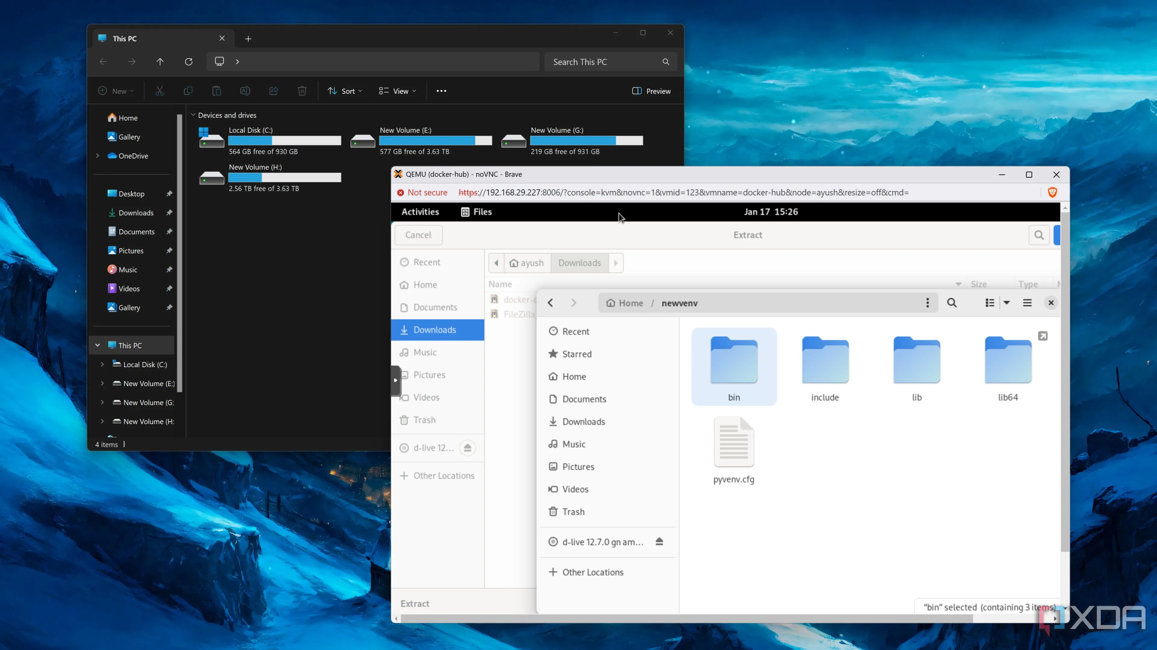 Máy ảo Debian chạy trên Proxmox, với File Explorer của Windows 11 mở ở nền