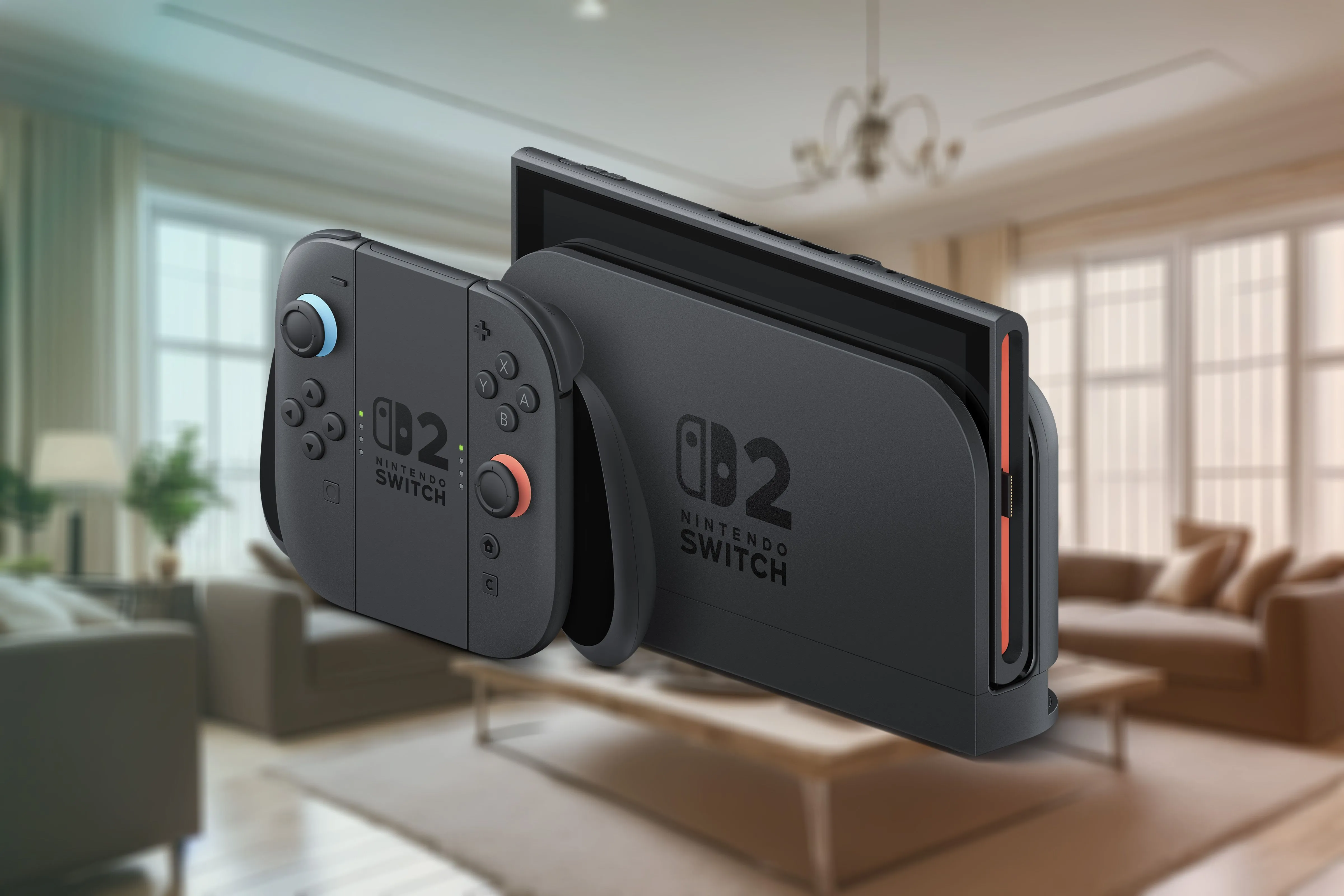 Máy chơi game Nintendo Switch 2 đặt trên dock, kèm hai tay cầm Joy-Con 2 trong bộ grip, nổi bật trên nền phòng khách hiện đại