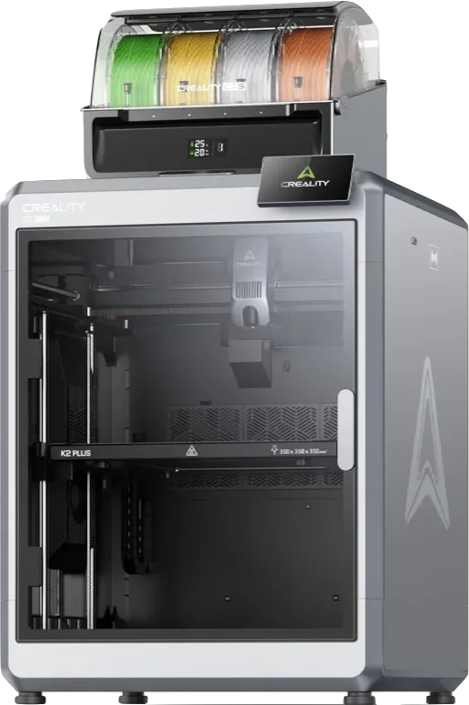 Máy in 3D Creality K2 Plus Combo với vỏ trong suốt, một ví dụ về máy in có buồng kín phù hợp cho các vật liệu kỹ thuật như CF Nylon và ASA