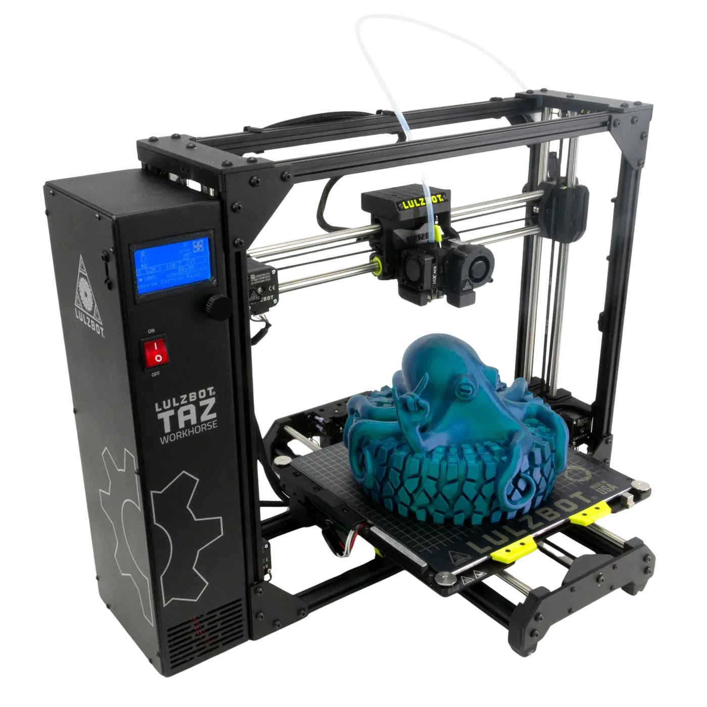 Máy in 3D LulzBot TAZ Workhorse, nổi bật với khung máy chắc chắn và hiệu suất bền bỉ.