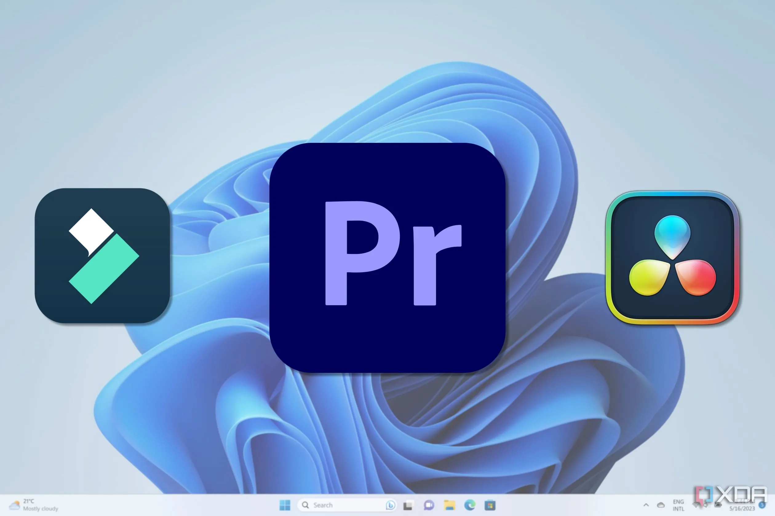 Máy tính để bàn Windows 11 hiển thị các biểu tượng Adobe Premiere, DaVinci Resolve và Wondershare Filmora