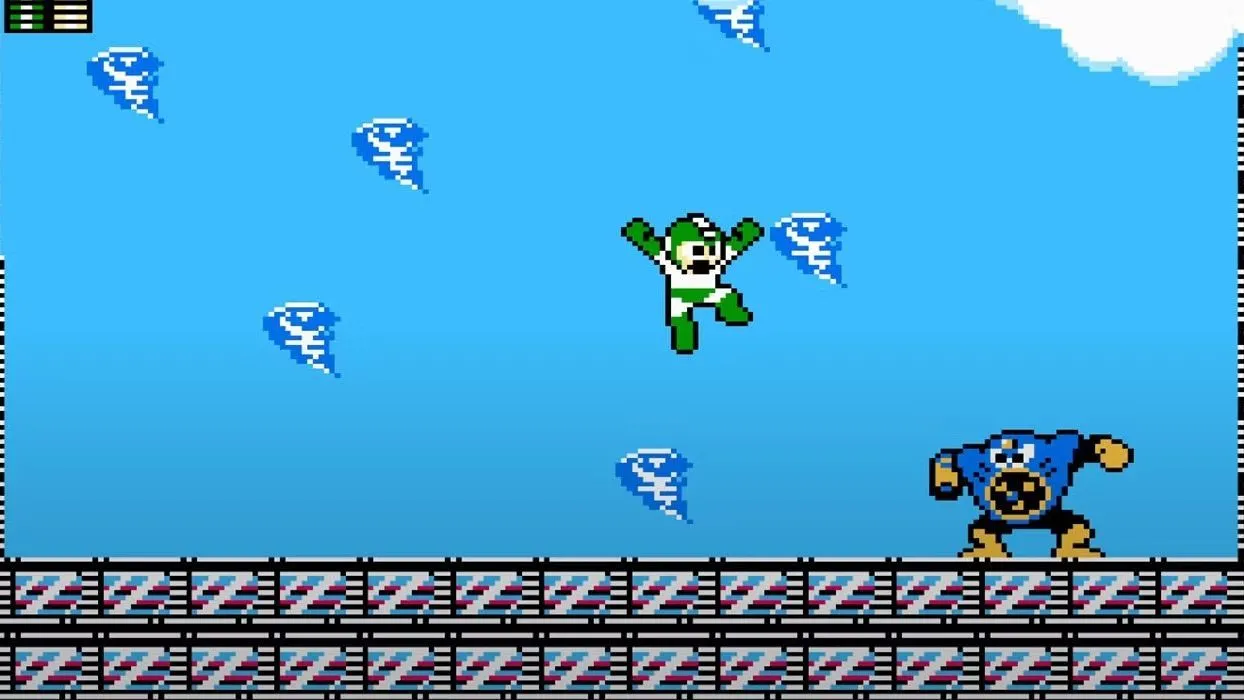Mega Man đang chiến đấu với boss Wind Man trong game Mega Man 2