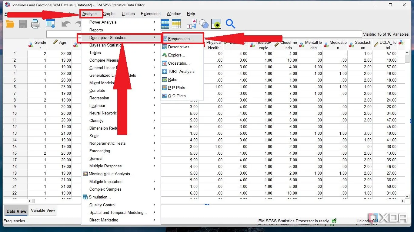 Menu Analyze và Descriptive Statistics trong SPSS để thực hiện phân tích thống kê mô tả
