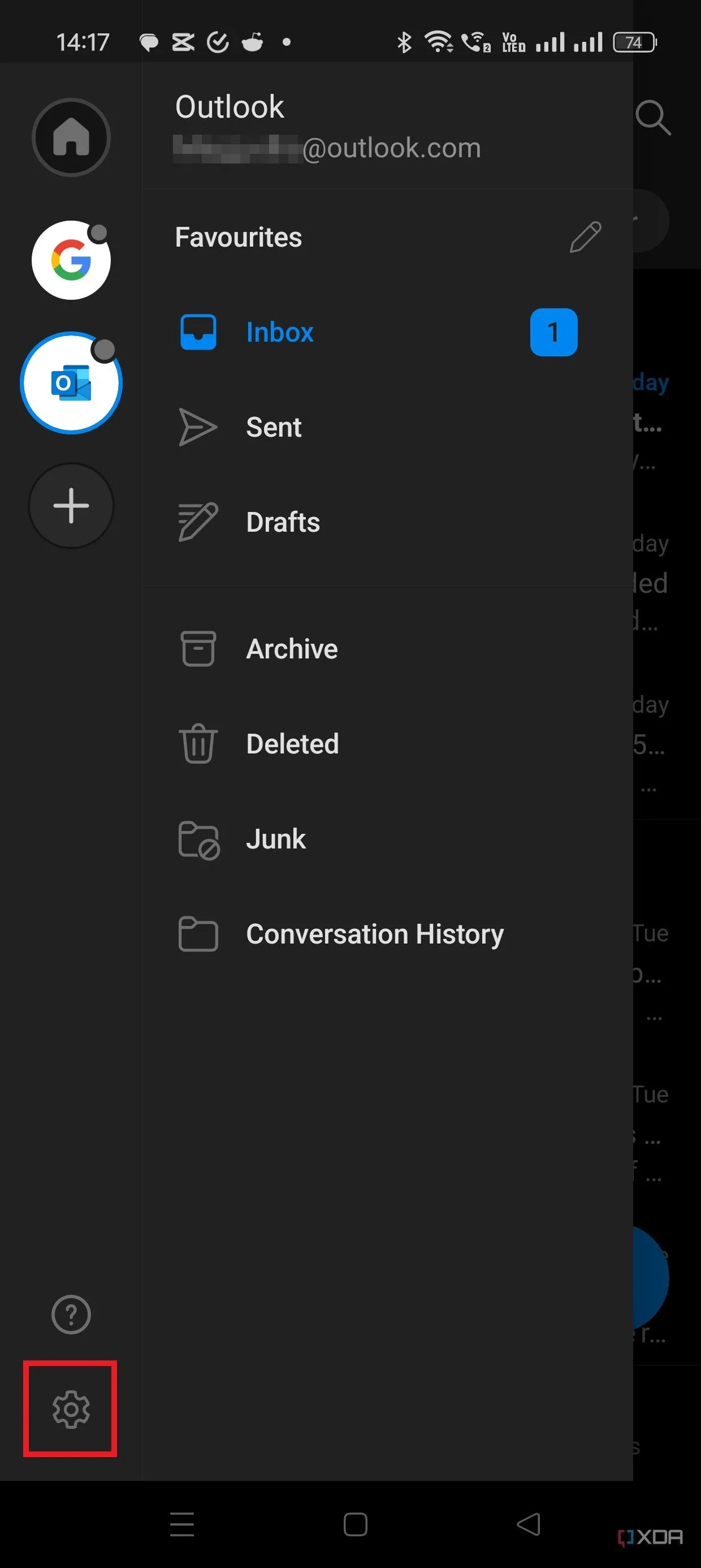 Menu bên cạnh trong ứng dụng Outlook di động