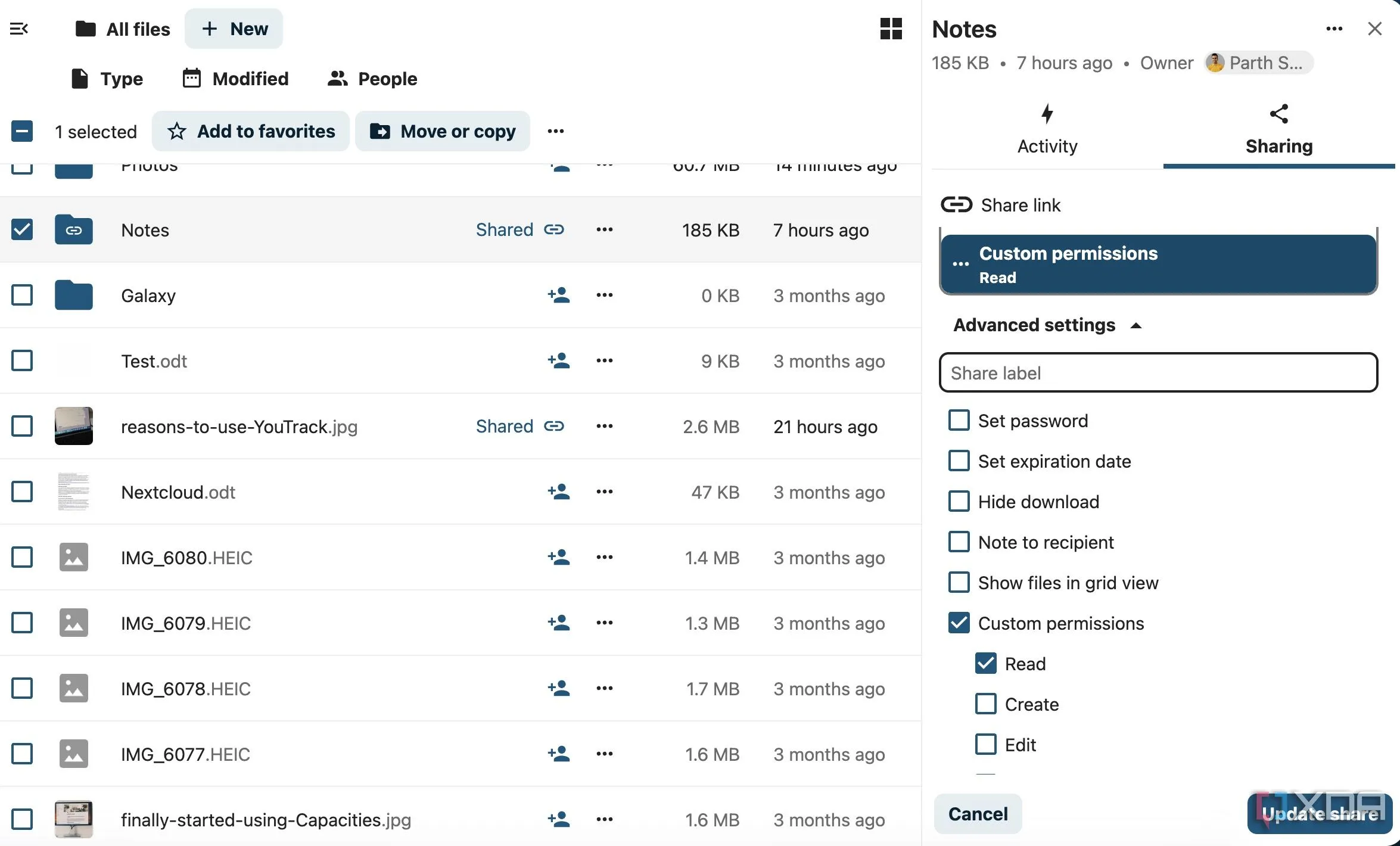 Menu chia sẻ file của Nextcloud với nhiều tùy chọn bảo mật nâng cao như đặt mật khẩu và giới hạn thời gian.