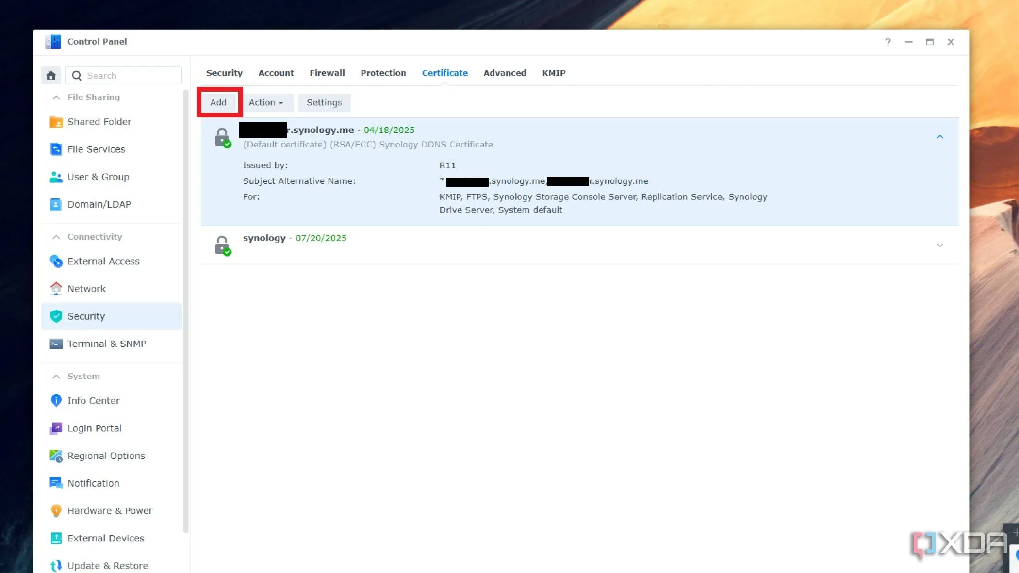 Menu chứng chỉ SSL trong Control Panel của Synology DSM, nơi quản lý các chứng chỉ bảo mật.