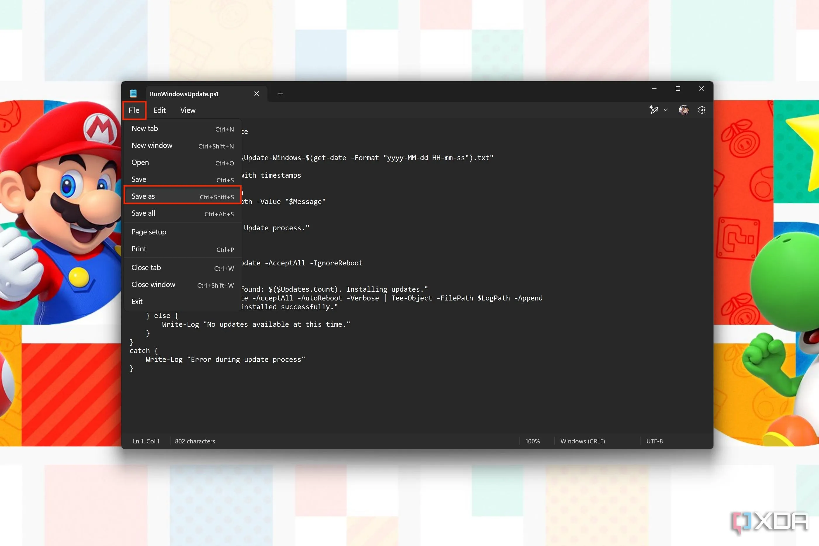 Menu File trong Notepad hiển thị tùy chọn "Save As" để lưu script PowerShell