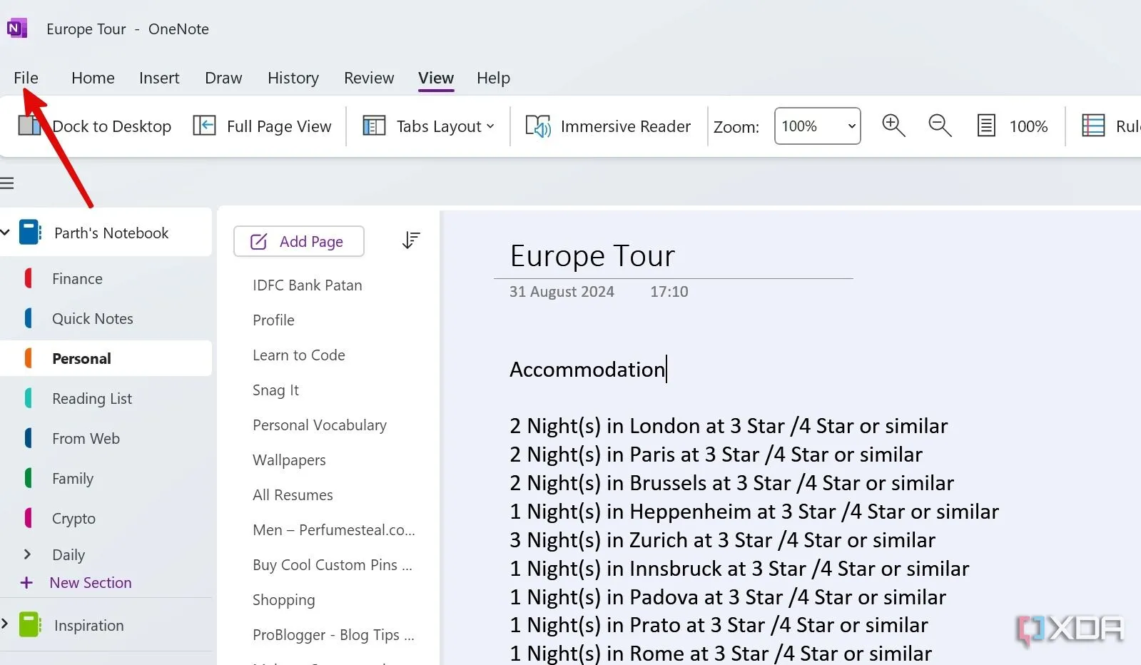 Menu File trong OneNote, hiển thị tùy chọn tạo sổ tay mới