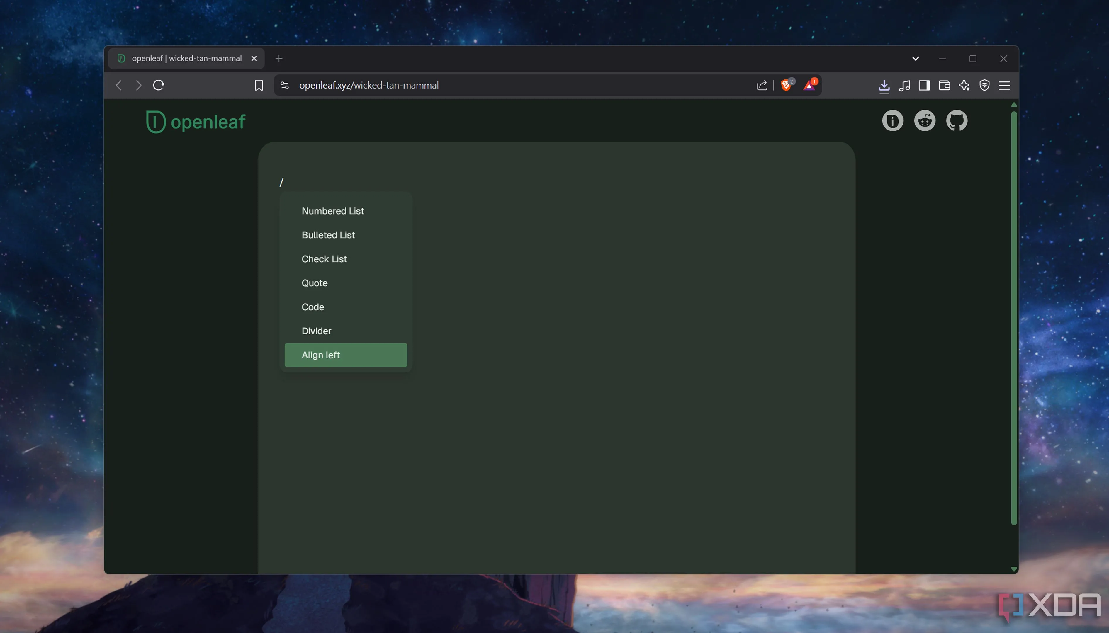 Menu lệnh của OpenLeaf hiển thị các tùy chọn định dạng như bảng, code snippet