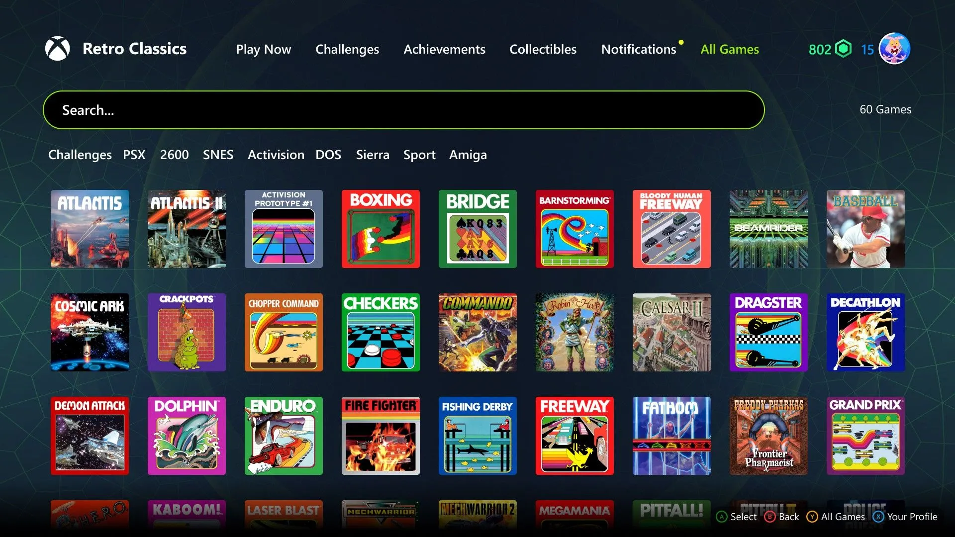 Menu lựa chọn game trong bộ sưu tập Retro Classics trên Xbox Game Pass