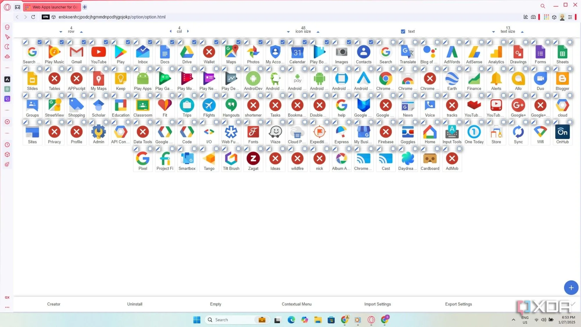 Menu tiện ích Google Apps trên Opera GX giúp truy cập nhanh các dịch vụ như Gmail, Google Docs.