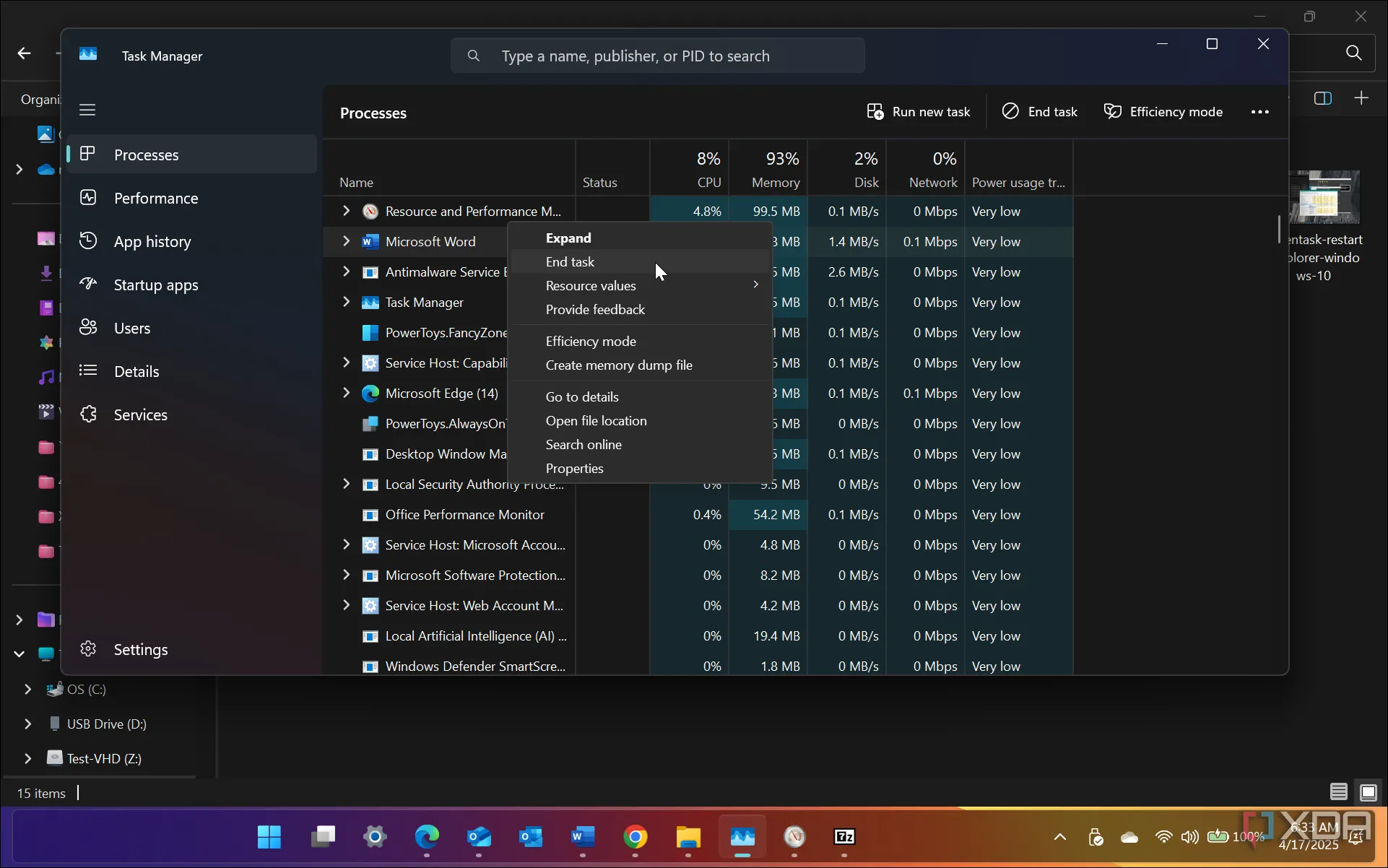 Minh họa cách buộc đóng một ứng dụng bị treo trong Task Manager trên Windows 11