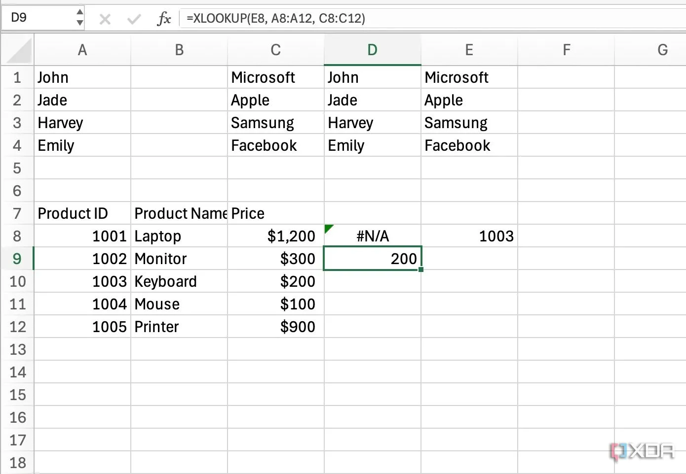 Minh họa cách sử dụng hàm XLOOKUP trong Excel để dò tìm dữ liệu hiệu quả
