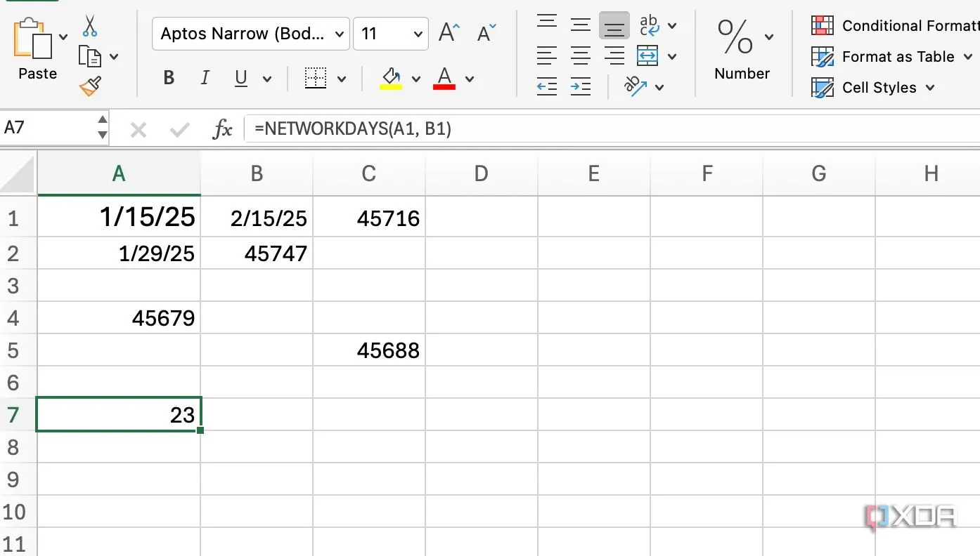 Minh họa hàm NETWORKDAYS trong Excel giúp đếm tổng số ngày làm việc giữa hai mốc thời gian, loại trừ cuối tuần và ngày nghỉ