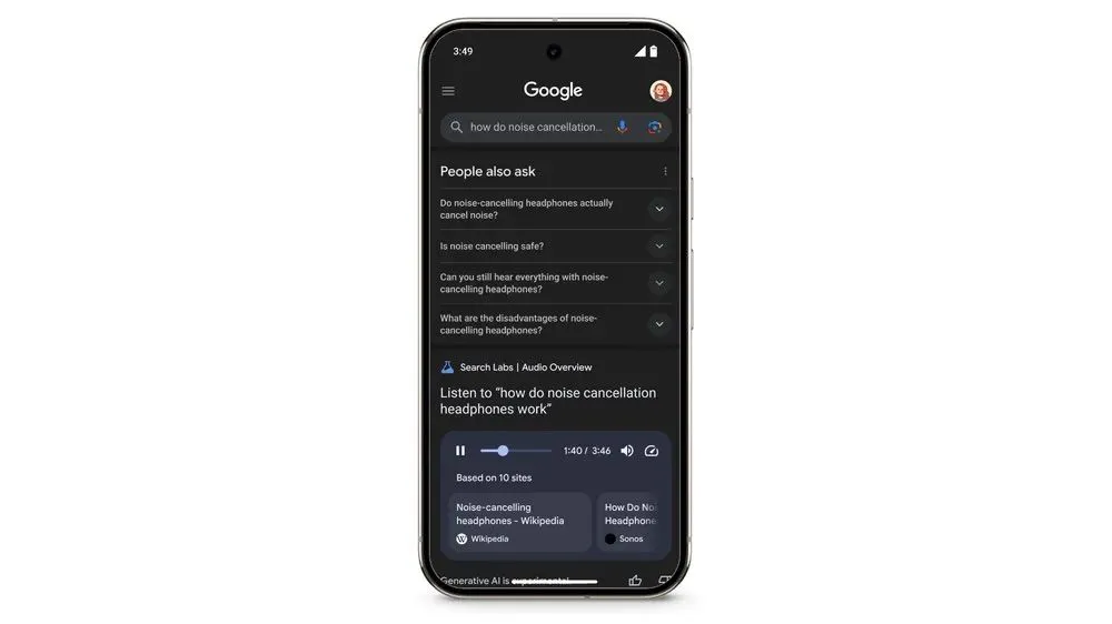 Minh họa tính năng Audio Overviews trong kết quả Google Search