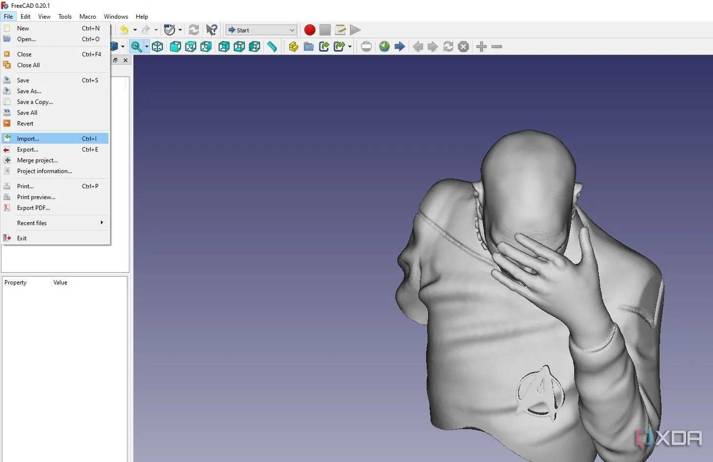 Mô hình 3D đang được chỉnh sửa trong FreeCAD trên giao diện Workbenches