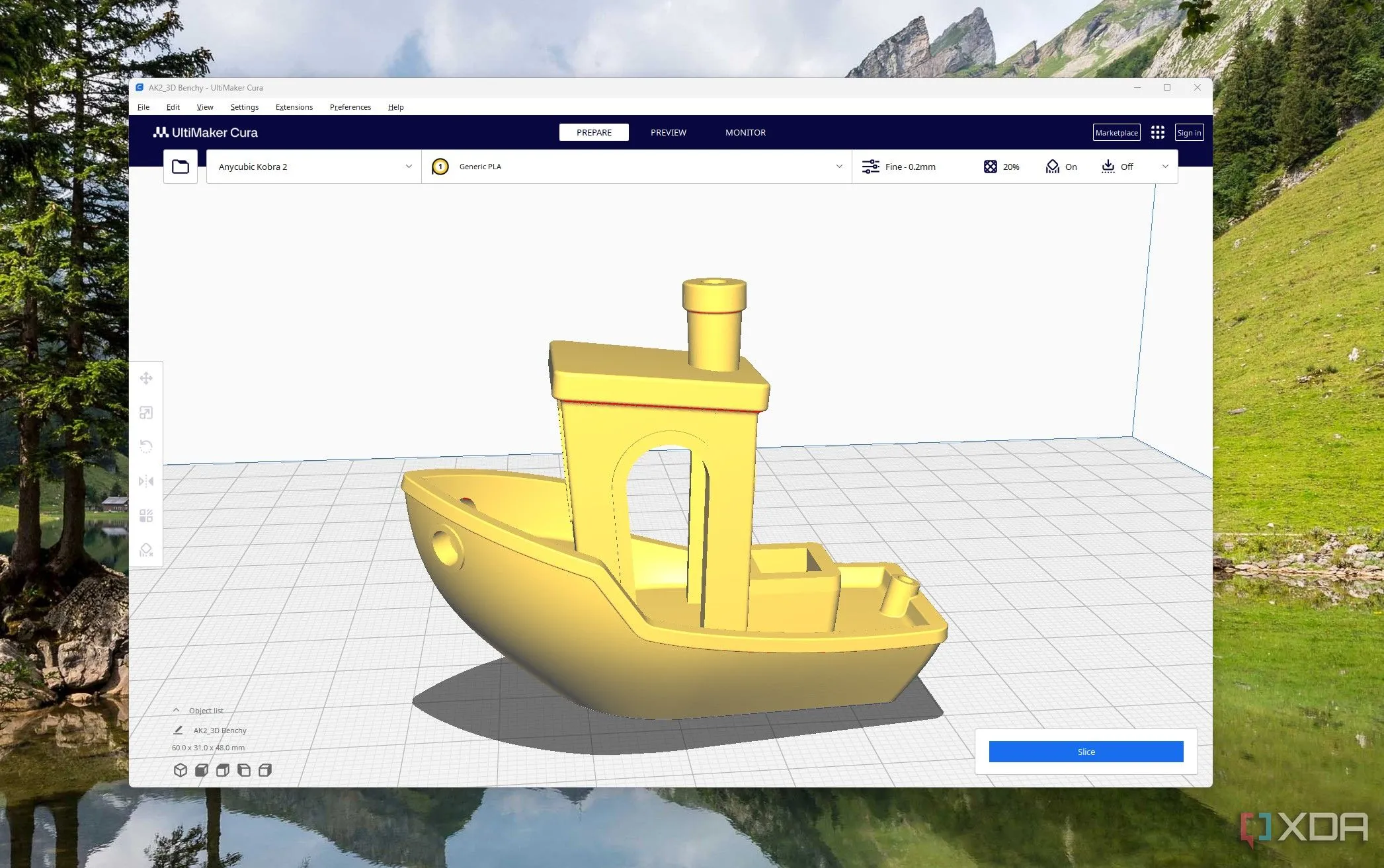 Mô hình Benchy được cắt lát trong phần mềm Cura, chuẩn bị cho quá trình in 3D