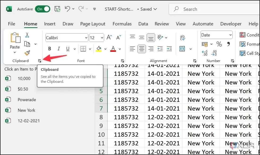 Mở tính năng Clipboard (Bảng tạm) trong Excel từ thanh công cụ Home