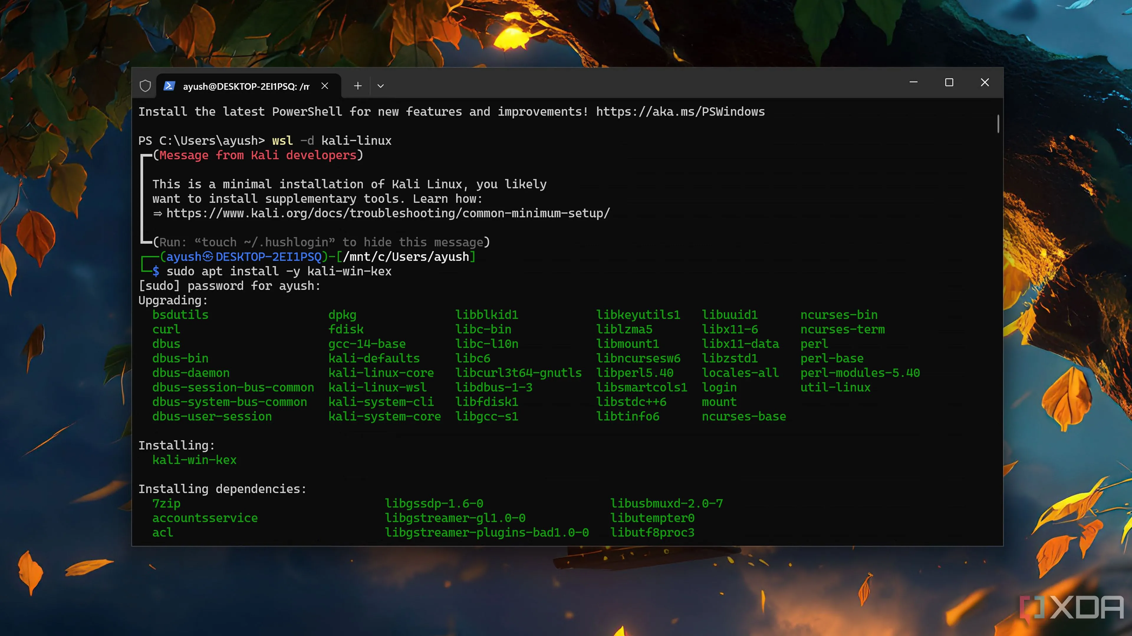 Môi trường Kali Linux đang chạy trong Windows Subsystem for Linux (WSL), hiển thị các công cụ bảo mật.