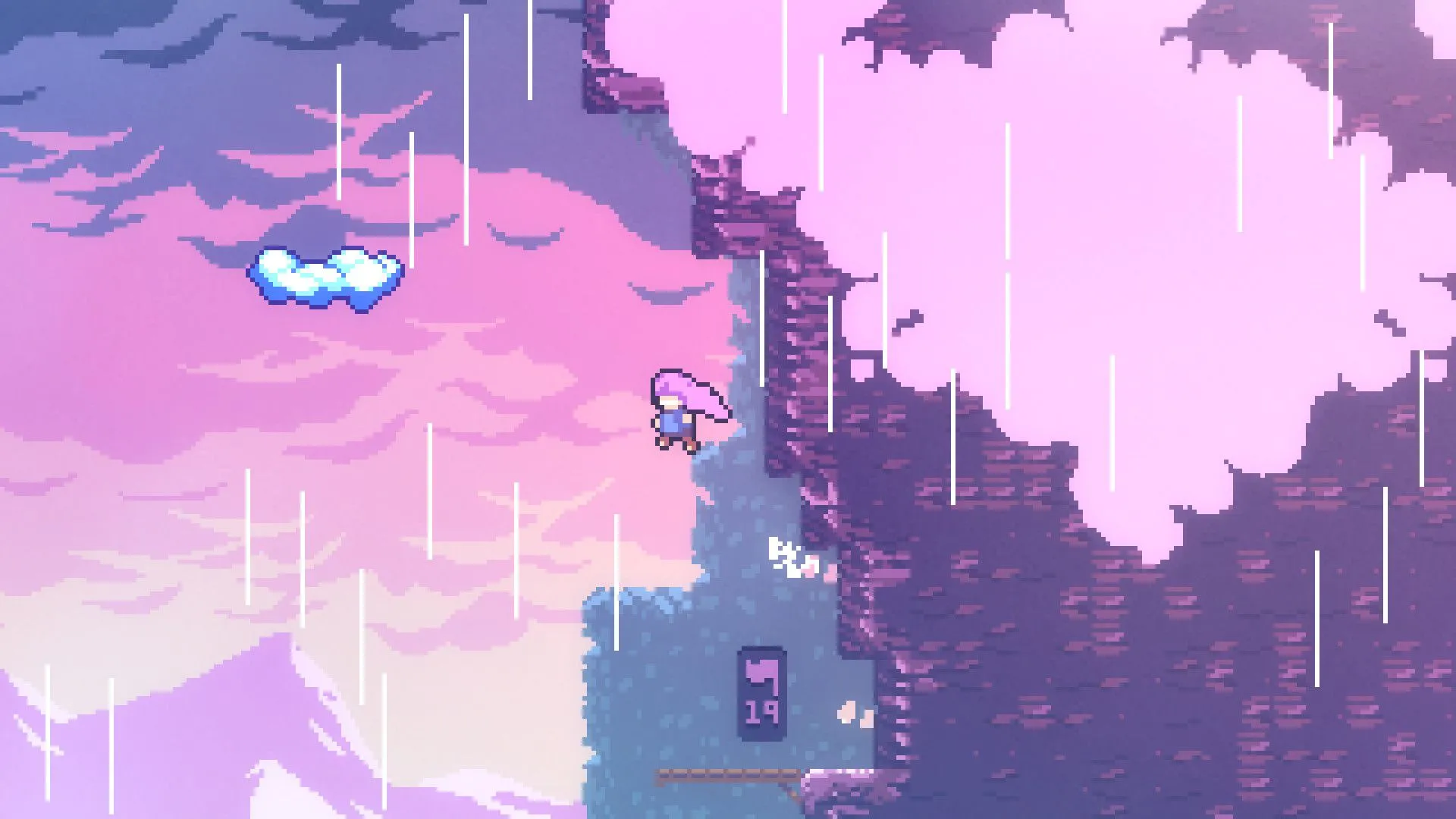 Một ảnh chụp màn hình từ game Celeste, nhân vật người chơi đang nhảy về phía một đám mây trên sườn núi, thể hiện cơ chế nhảy đa dạng