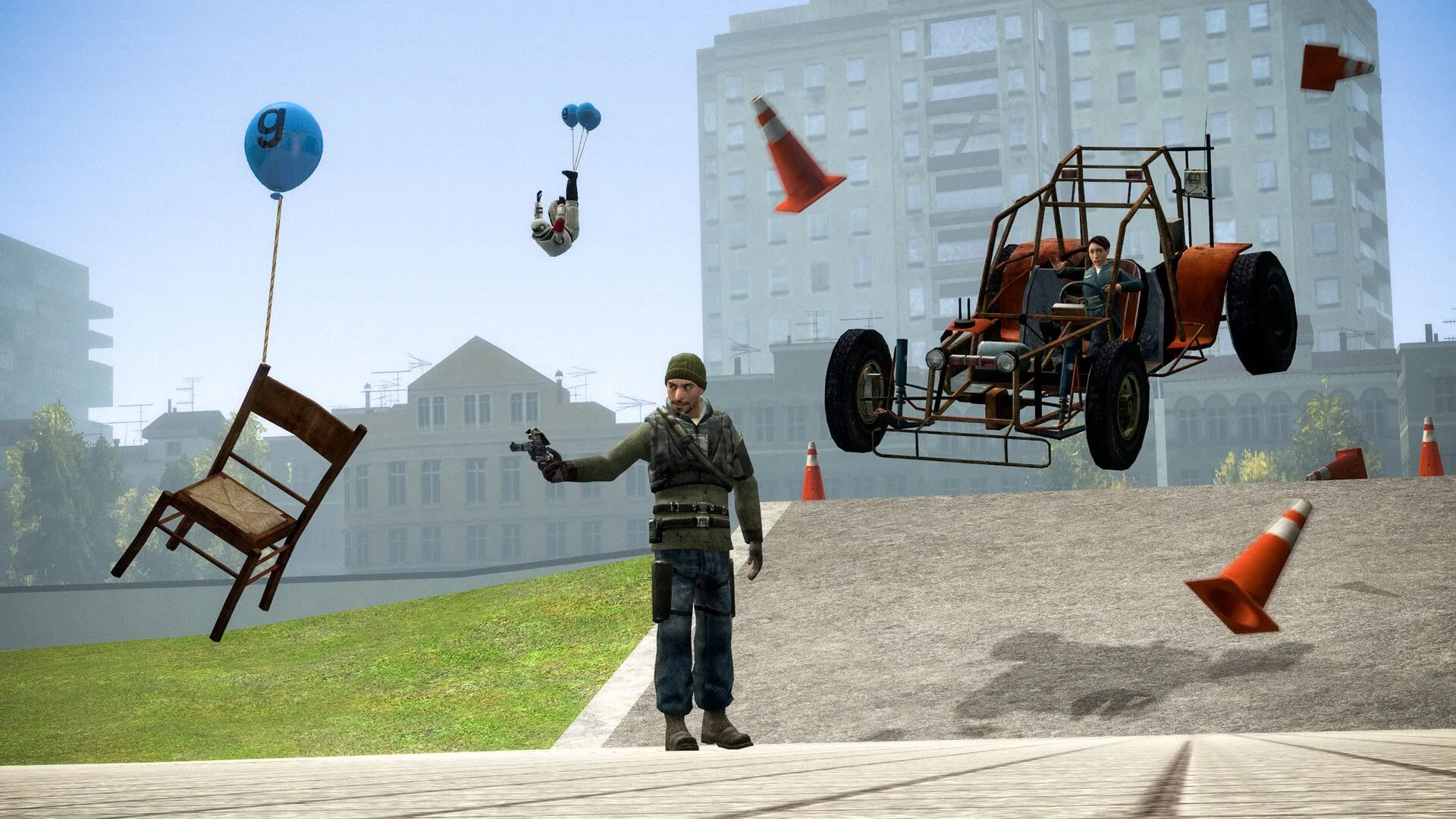 Một bức ảnh trong Garry's Mod, cho thấy một công trình phức tạp được xây dựng từ các vật thể khác nhau, nhấn mạnh khả năng sáng tạo không giới hạn của người chơi.