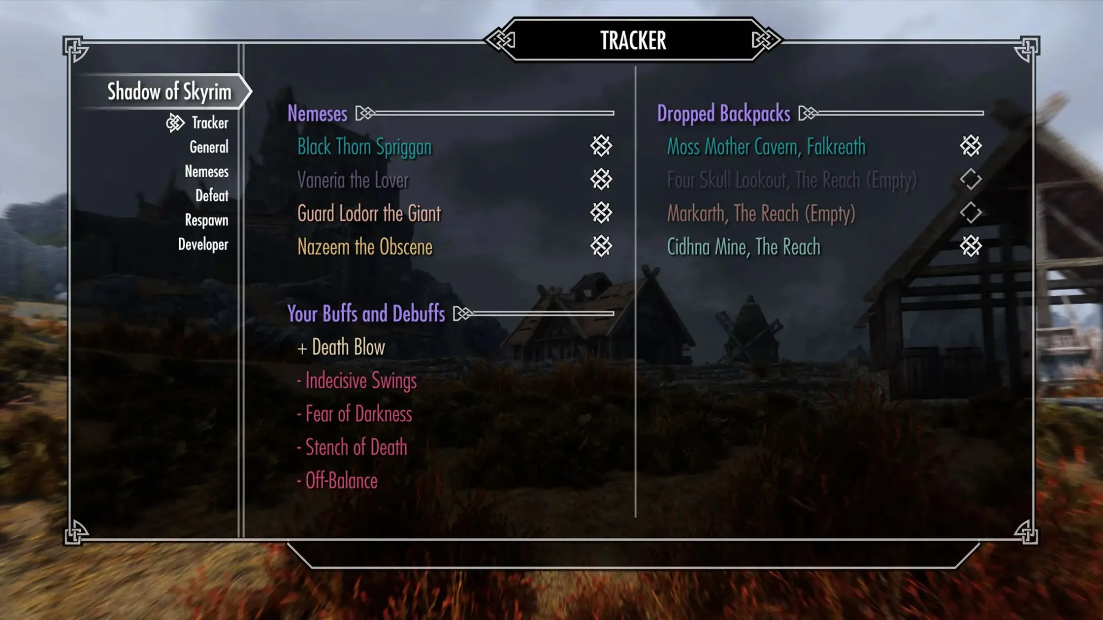 Một cảnh chụp trong game Shadow of Skyrim, thể hiện kẻ địch đã đánh bại người chơi