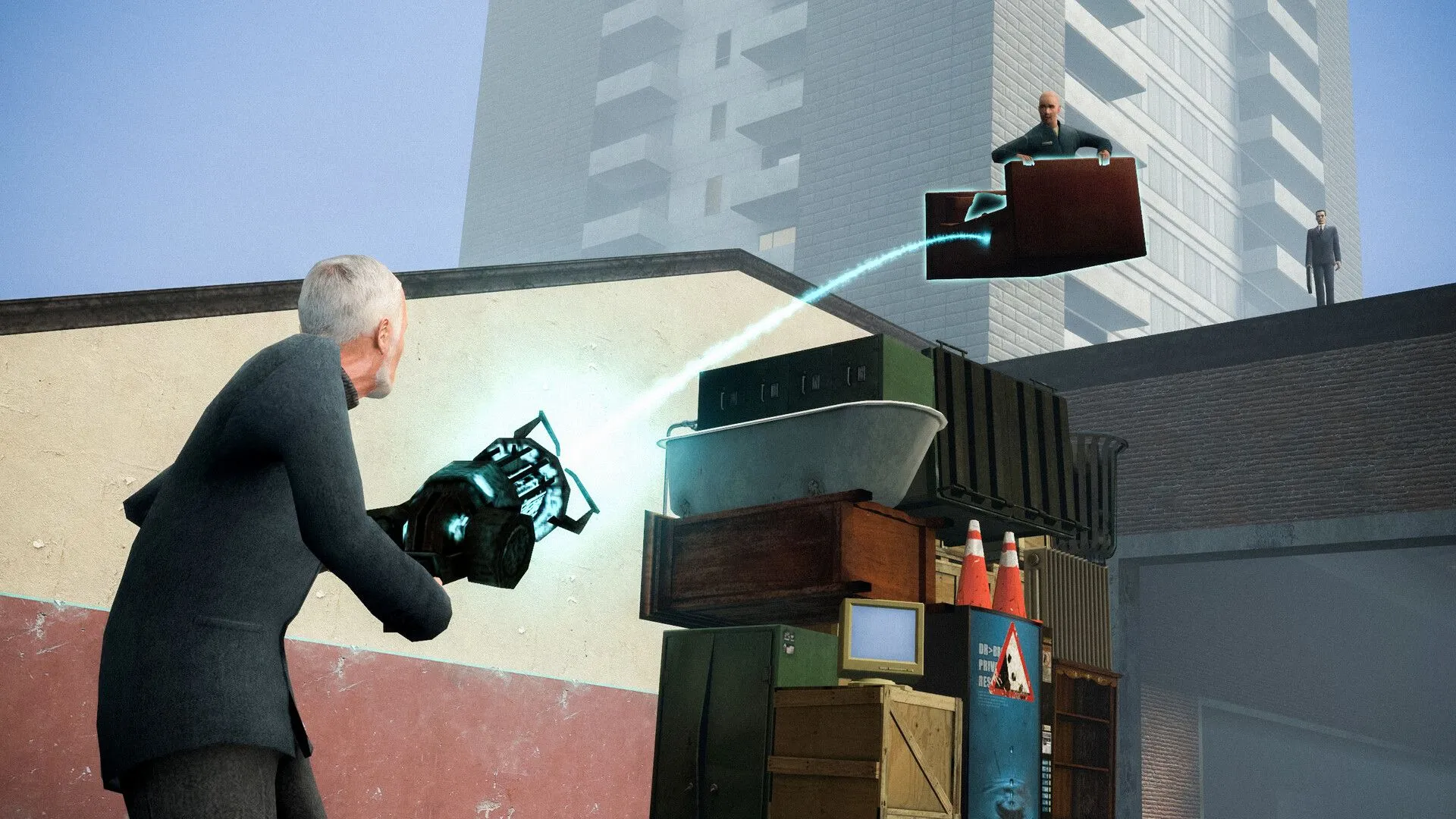 Một cảnh hài hước trong Garry's Mod, nơi các nhân vật đang tương tác với môi trường theo những cách phi lý, thể hiện tính chất vật lý tự do của game.