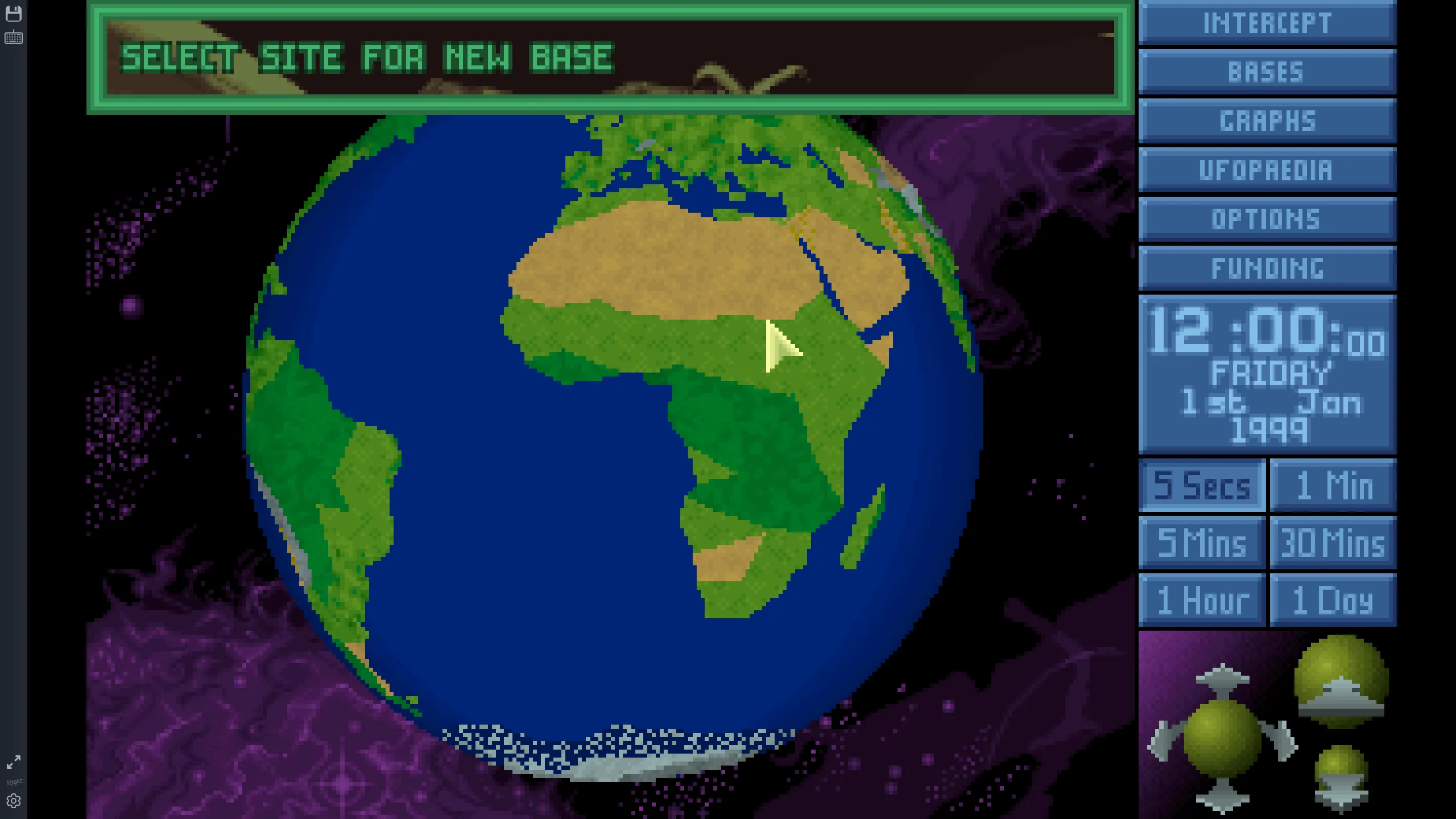 Một cảnh quay từ game X-COM: UFO Defense trên DOS, thể hiện chiến thuật