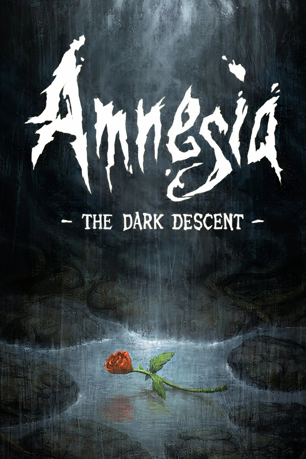 Một cảnh tối tăm và rùng rợn trong Amnesia: The Dark Descent, với nhân vật chính đang khám phá một hành lang đổ nát.