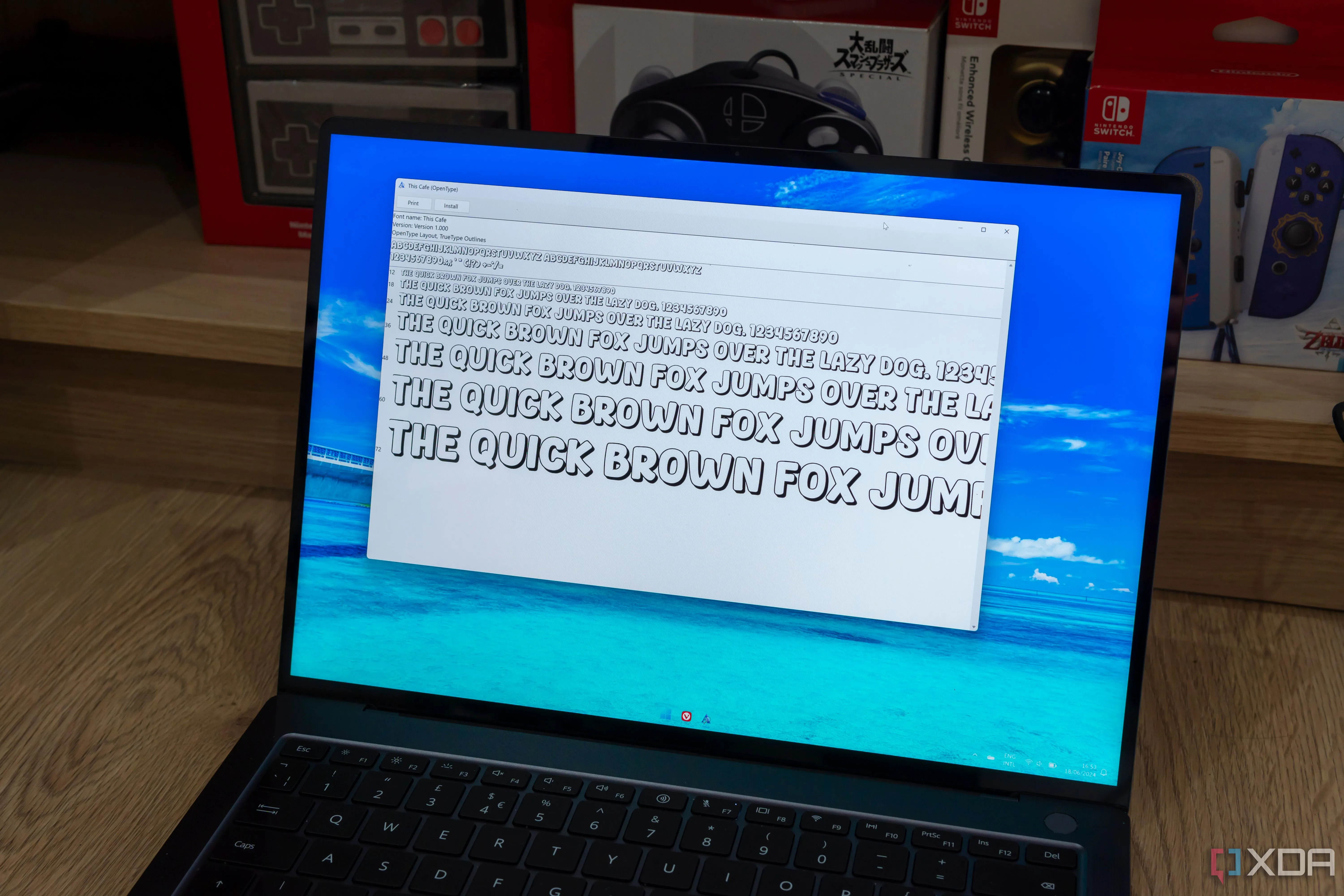 Một chiếc laptop đang xem trước font chữ trên hệ điều hành Windows 11, thể hiện khả năng quản lý font
