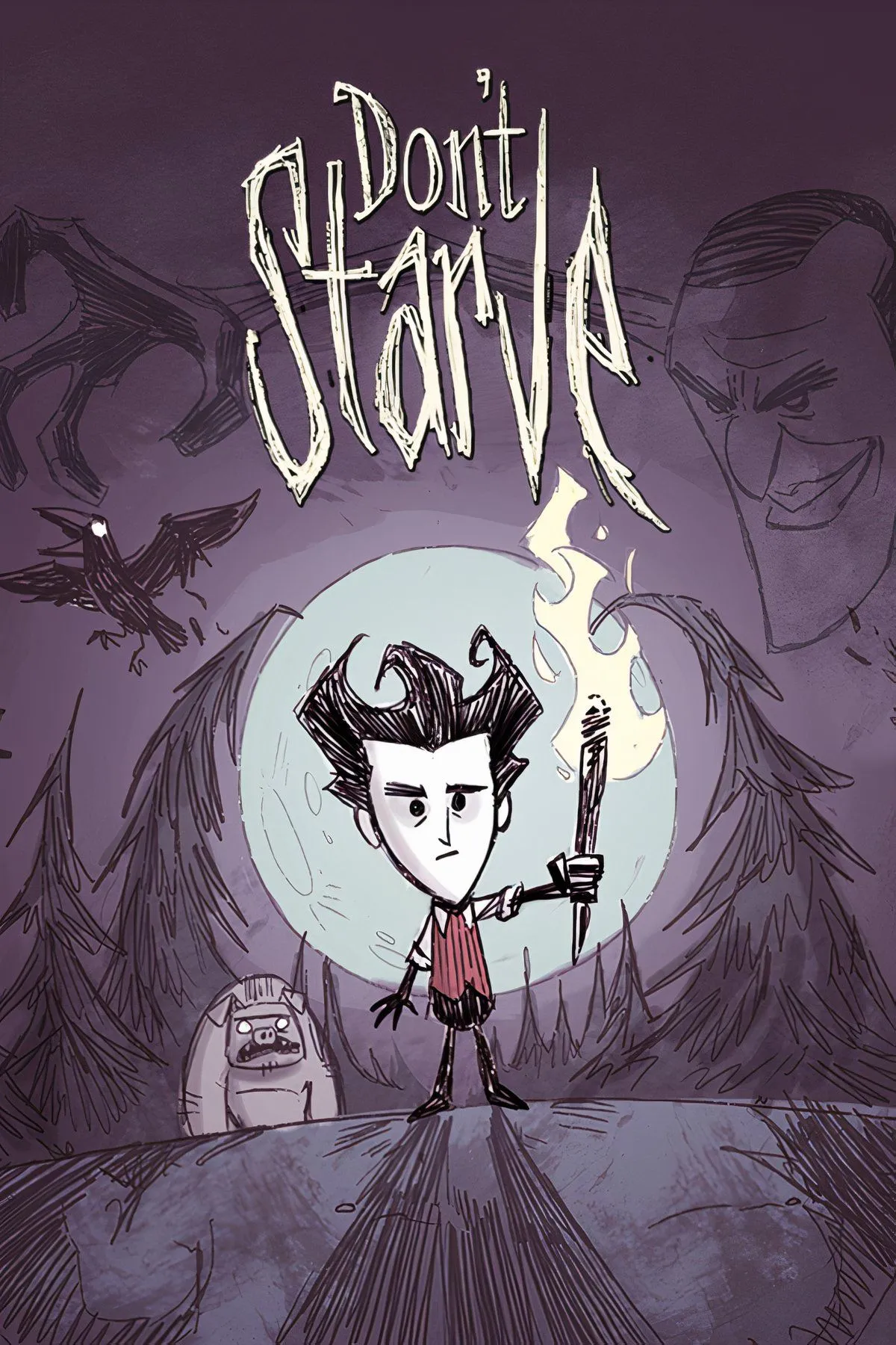 Một collage các hình ảnh từ game Don't Starve, thể hiện các nhân vật khác nhau, môi trường khắc nghiệt và các hoạt động sinh tồn như tìm kiếm thức ăn.