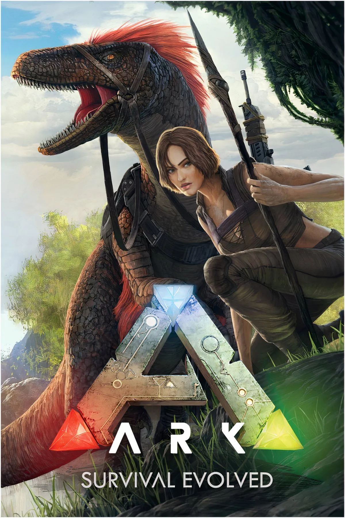 Một collage hình ảnh từ game Ark: Survival Evolved, với các cảnh người chơi tương tác với khủng long, xây dựng căn cứ và khám phá môi trường rộng lớn.
