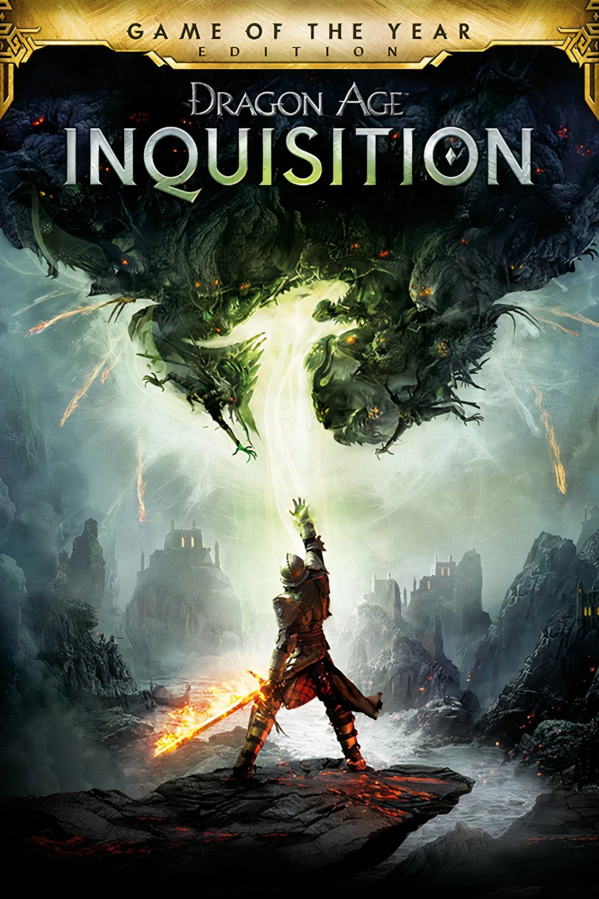 Một collage hình ảnh từ game Dragon Age: Inquisition, tập trung vào các nhân vật chính và khung cảnh thế giới giả tưởng rộng lớn, đầy màu sắc.