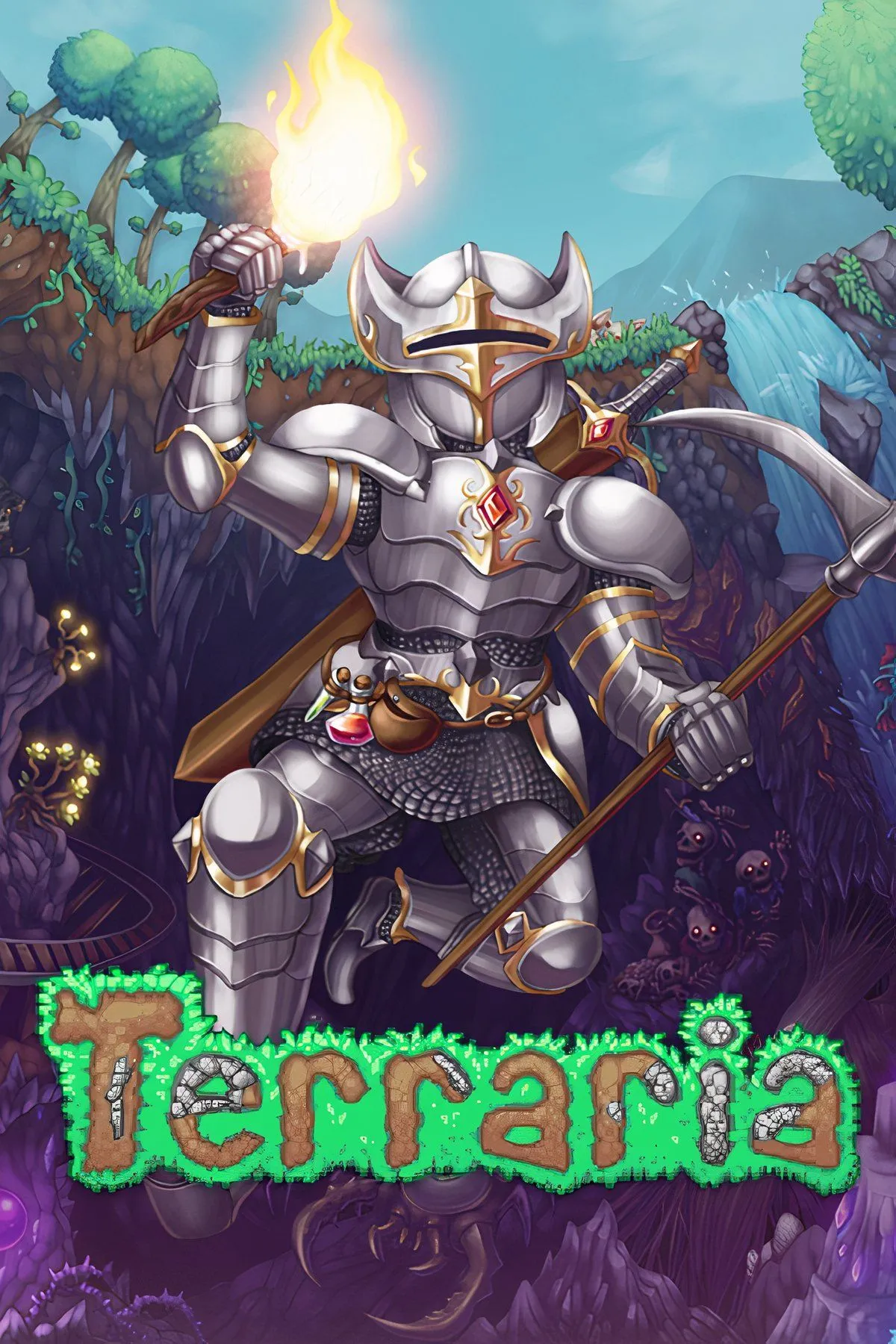 Một collage tập hợp các cảnh quay khác nhau từ game Terraria, bao gồm cảnh chiến đấu với trùm, khám phá hang động và xây dựng các công trình.