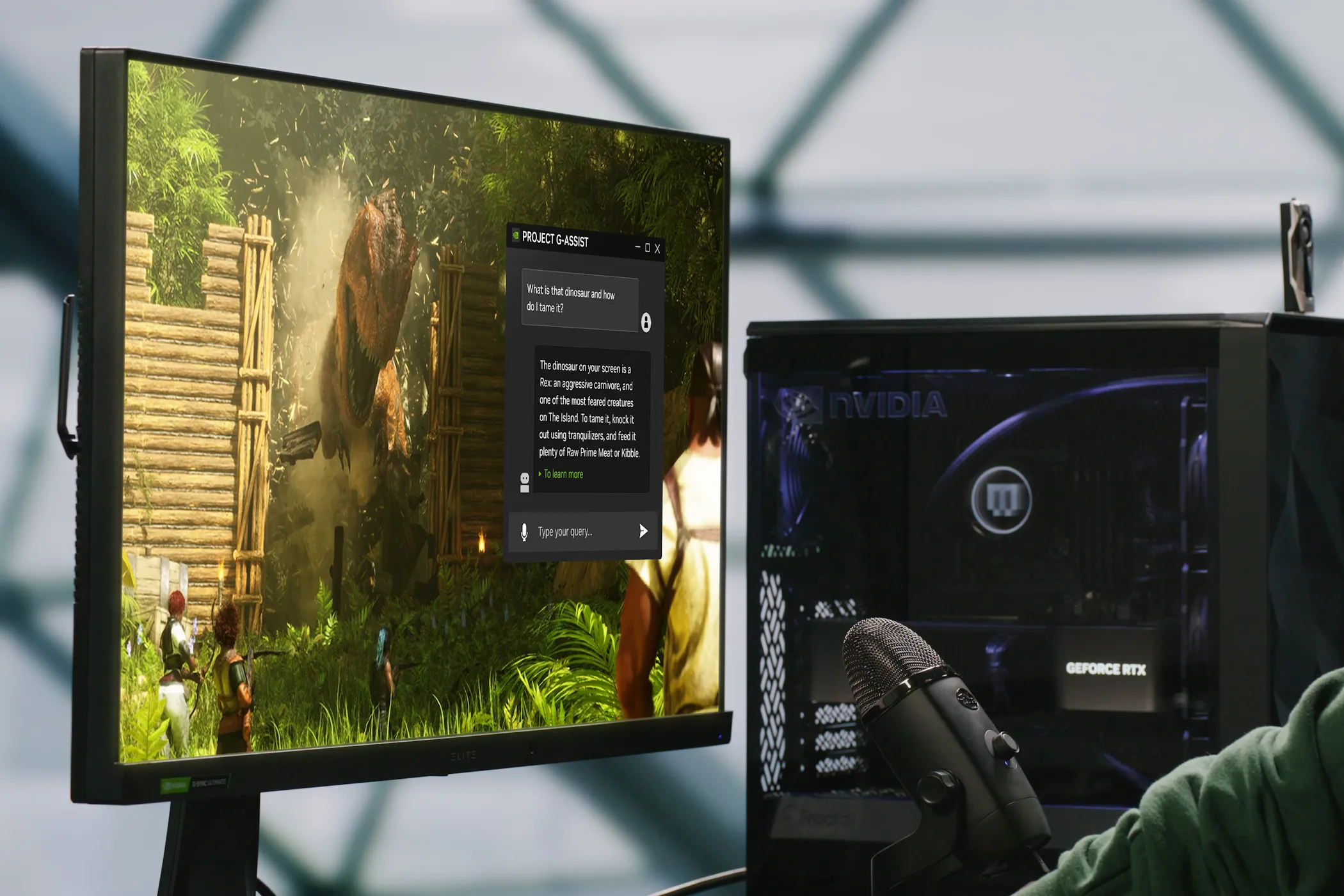 Một game thủ tương tác với giao diện G-Assist, minh họa trải nghiệm trợ lý AI trong game trên PC RTX.