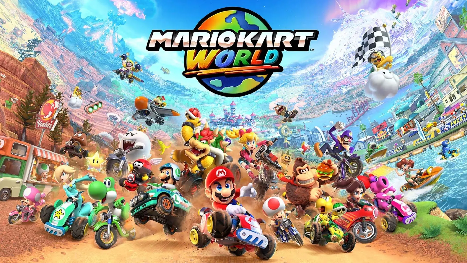 Một khoảnh khắc đua xe trên không trung trong Mario Kart World, minh họa tính năng đường ray mài mòn