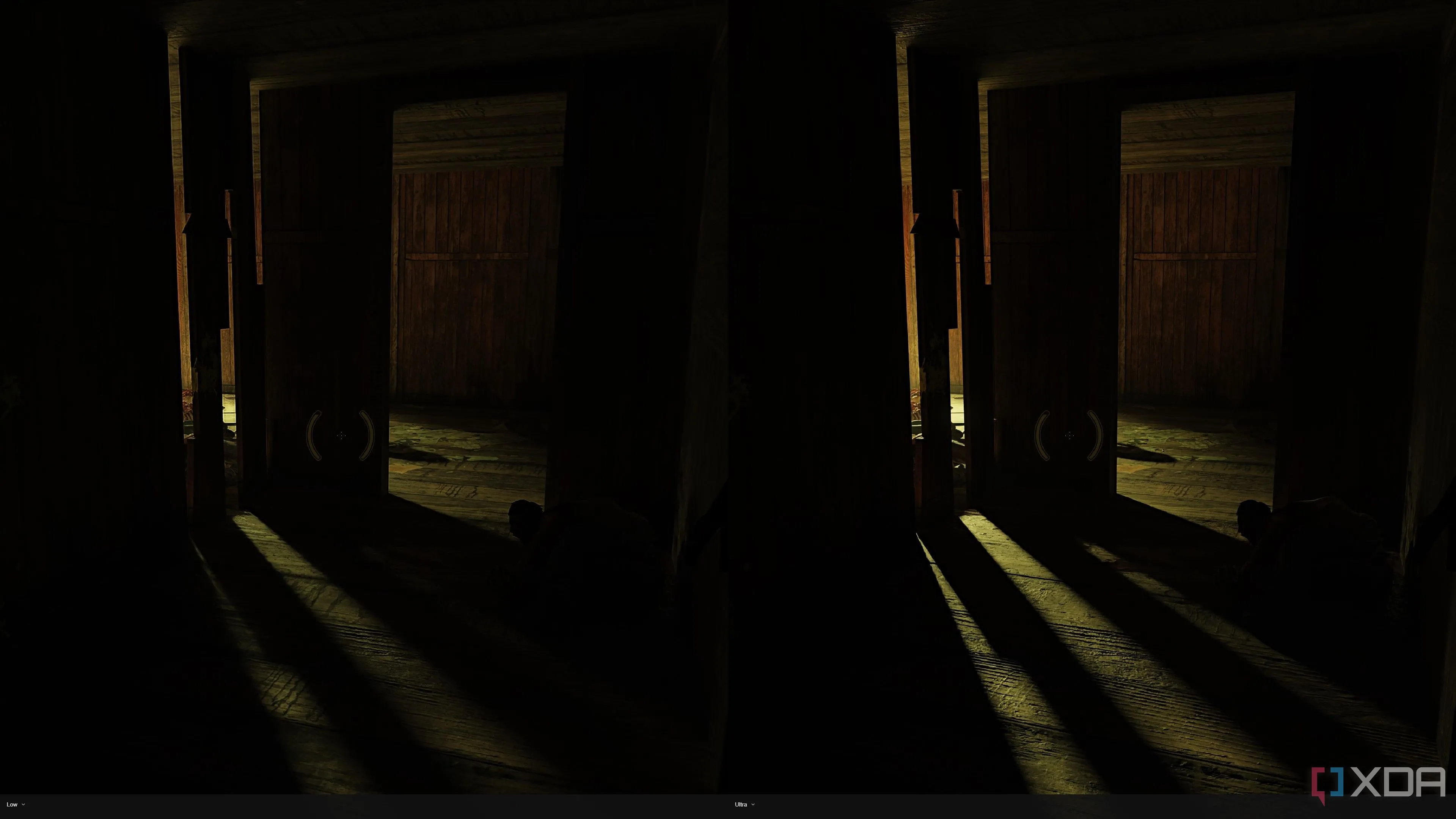 Một khung cảnh từ Ravenholm trong Half-Life 2 RTX, minh họa hiệu ứng ánh sáng dò tia tạo nên không khí u ám và ma mị, ngay cả với cài đặt thấp hơn