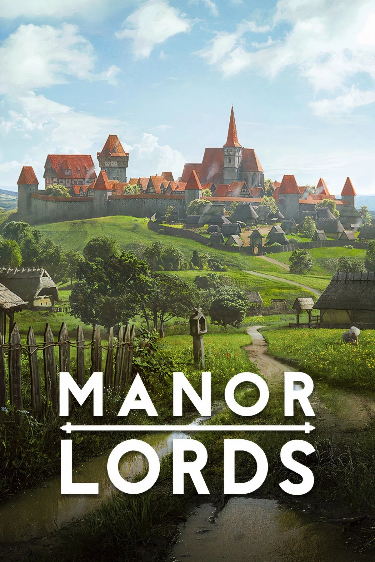 Một ngôi làng thời trung cổ trong Manor Lords với các công trình và nhân vật