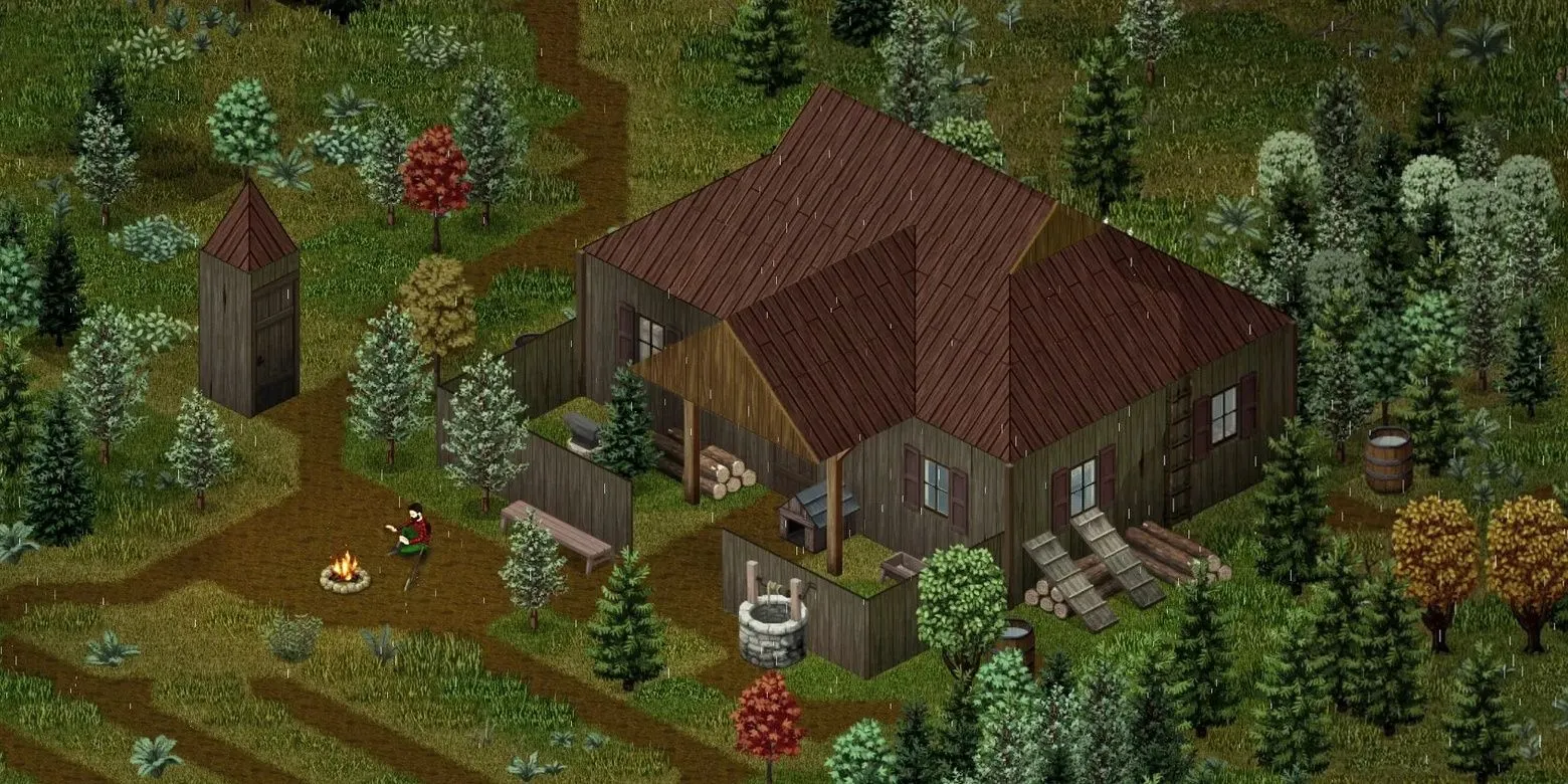 Một ngôi nhà lớn trong rừng, có thể là từ bản mod Family Manor trong Project Zomboid